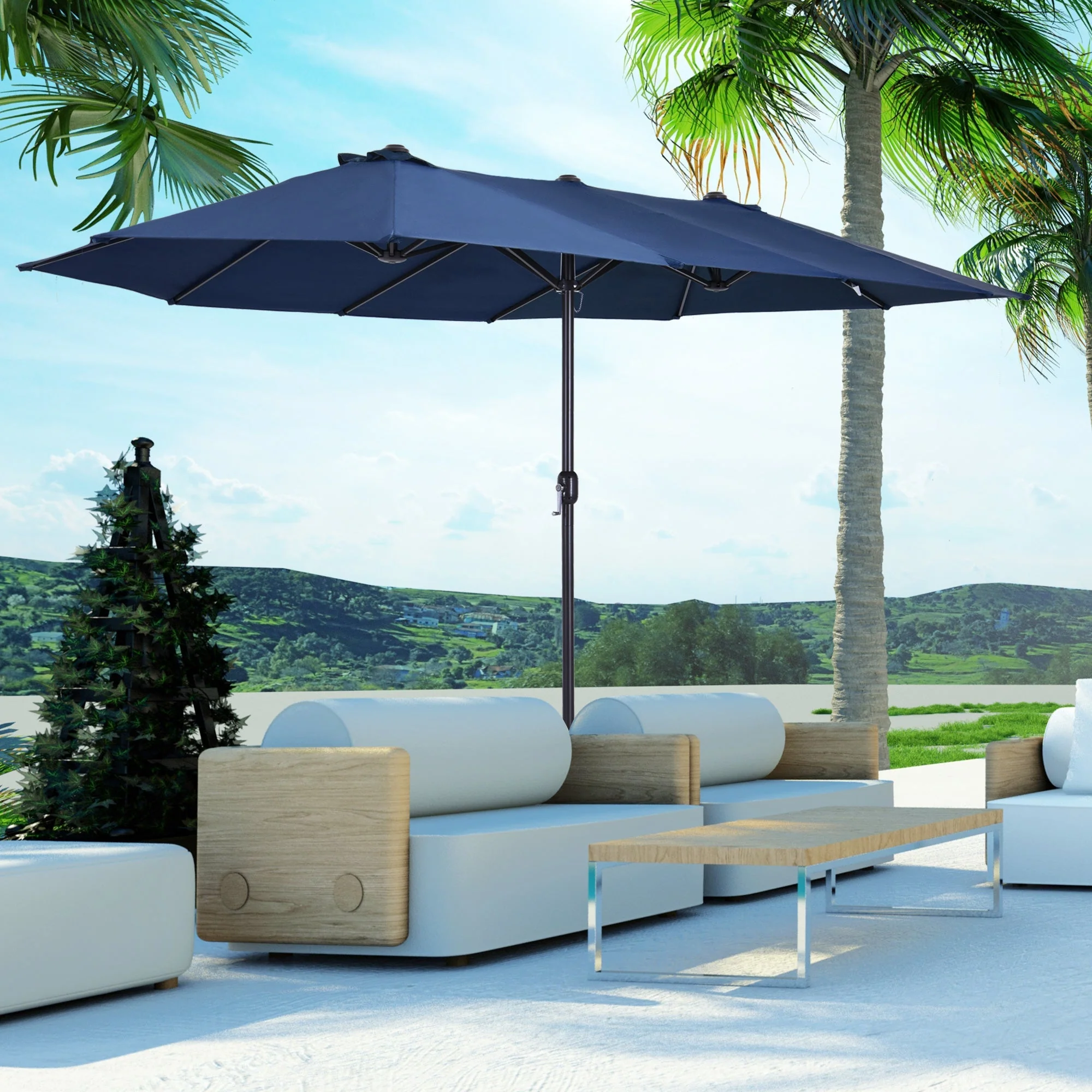 Parasol Double Patio Umbrella, Hand Crank, Blue