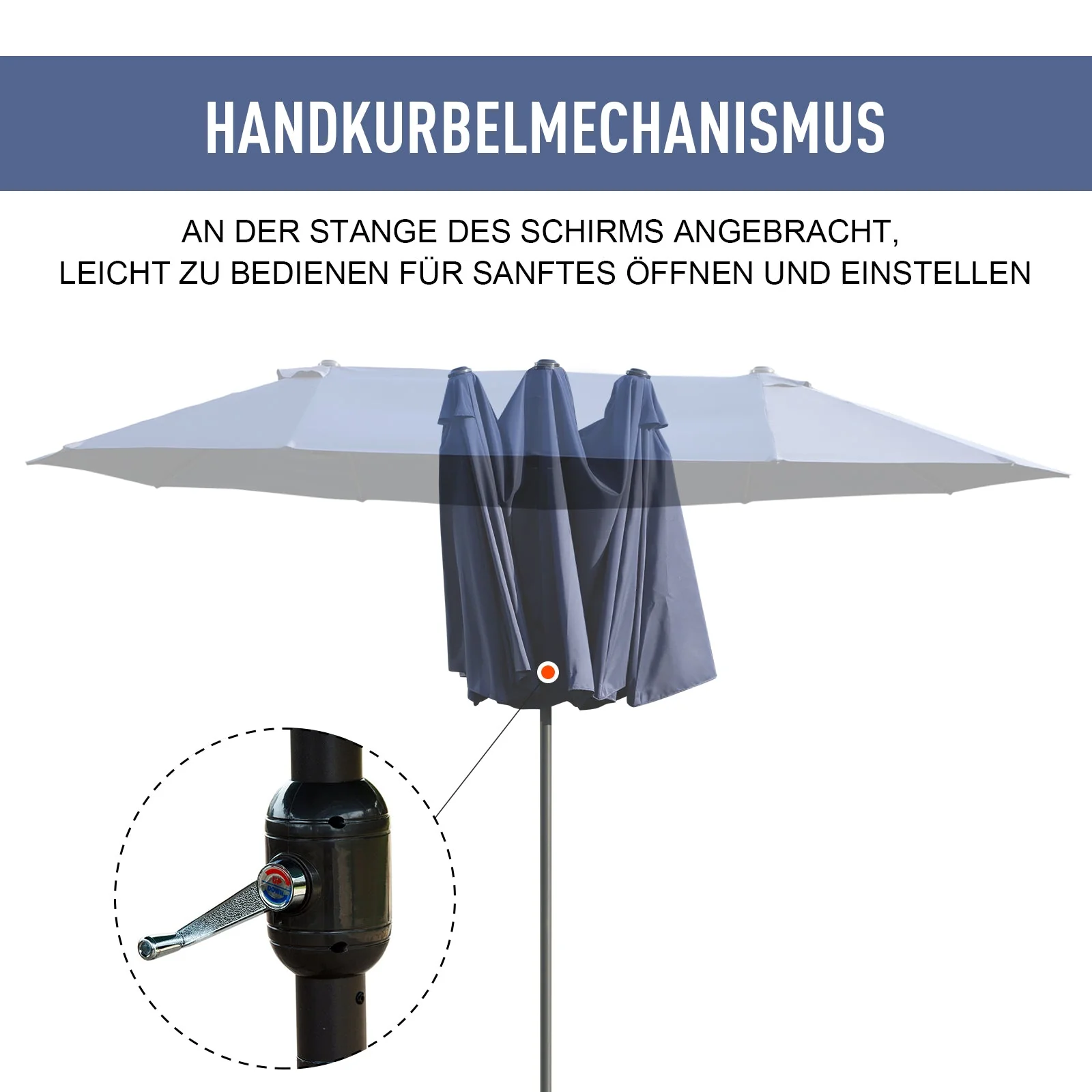 Parasol Double Patio Umbrella, Hand Crank, Blue - Image 5