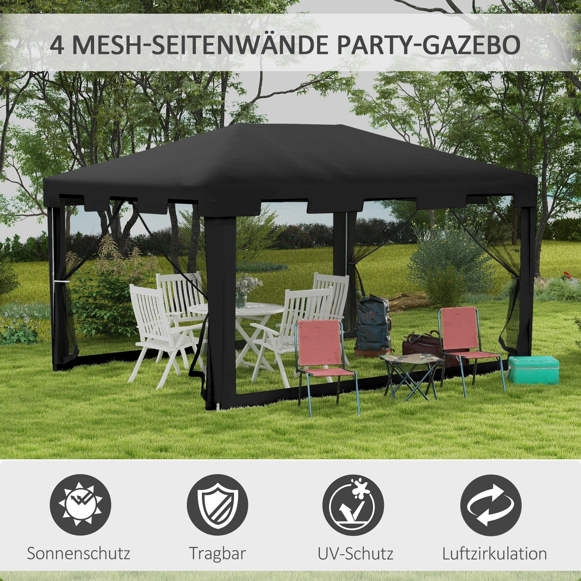 Pavilion Party Tent 4x3m Garden with Mesh Side Walls, Metal PE Dark Grey - Image 4