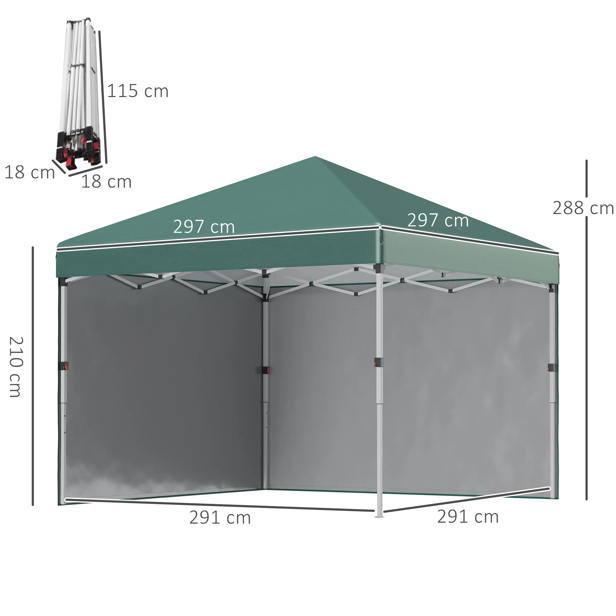Pavilion Pop-Up Folding 3x3m Water-Repellent UV30+ with 2 Side Panels, Green - Image 3