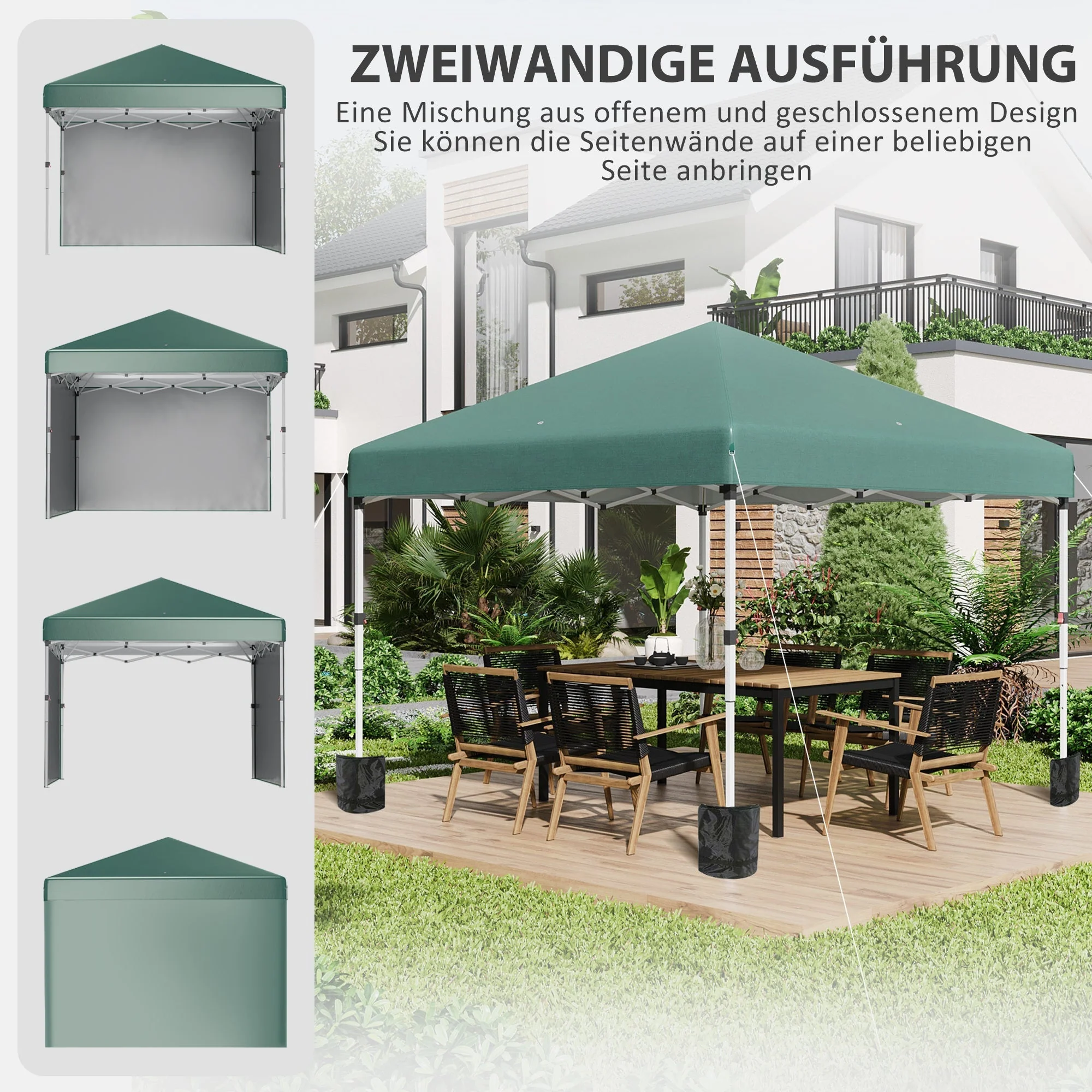 Pavilion Pop-Up Folding 3x3m Water-Repellent UV30+ with 2 Side Panels, Green - Image 4