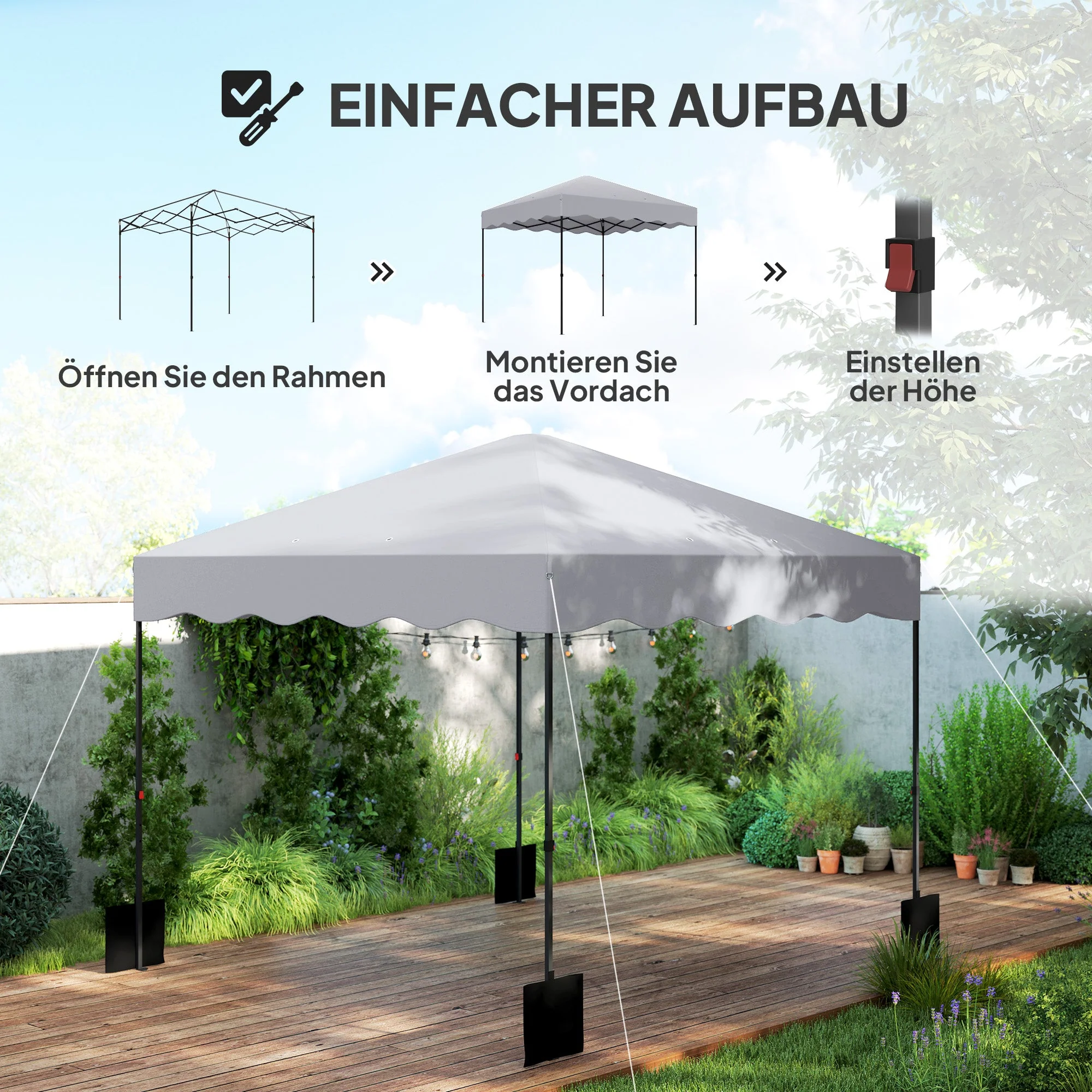 Pavilion Pop-up Folding, 3x3m, Water-Repellent, Winterproof, UV 50+, Light Grey - Image 4