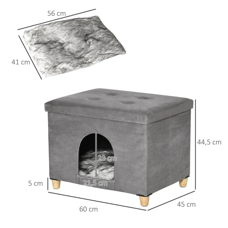 PawHut 2-in-1 Cat Cave Footstool with Cushion, Cat House, Cat Basket, Plush Grey - Image 3