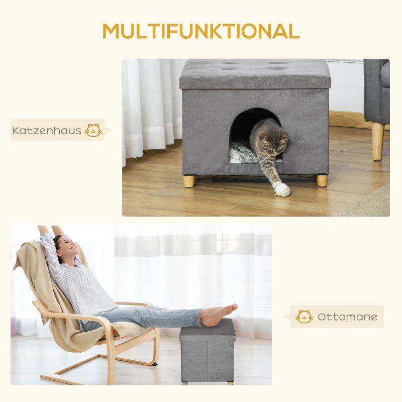 PawHut 2-in-1 Cat Cave Footstool with Cushion, Cat House, Cat Basket, Plush Grey - Image 4