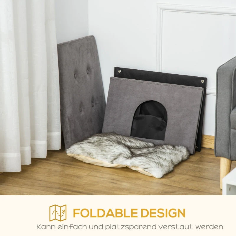 PawHut 2-in-1 Cat Cave Footstool with Cushion, Cat House, Cat Basket, Plush Grey - Image 6