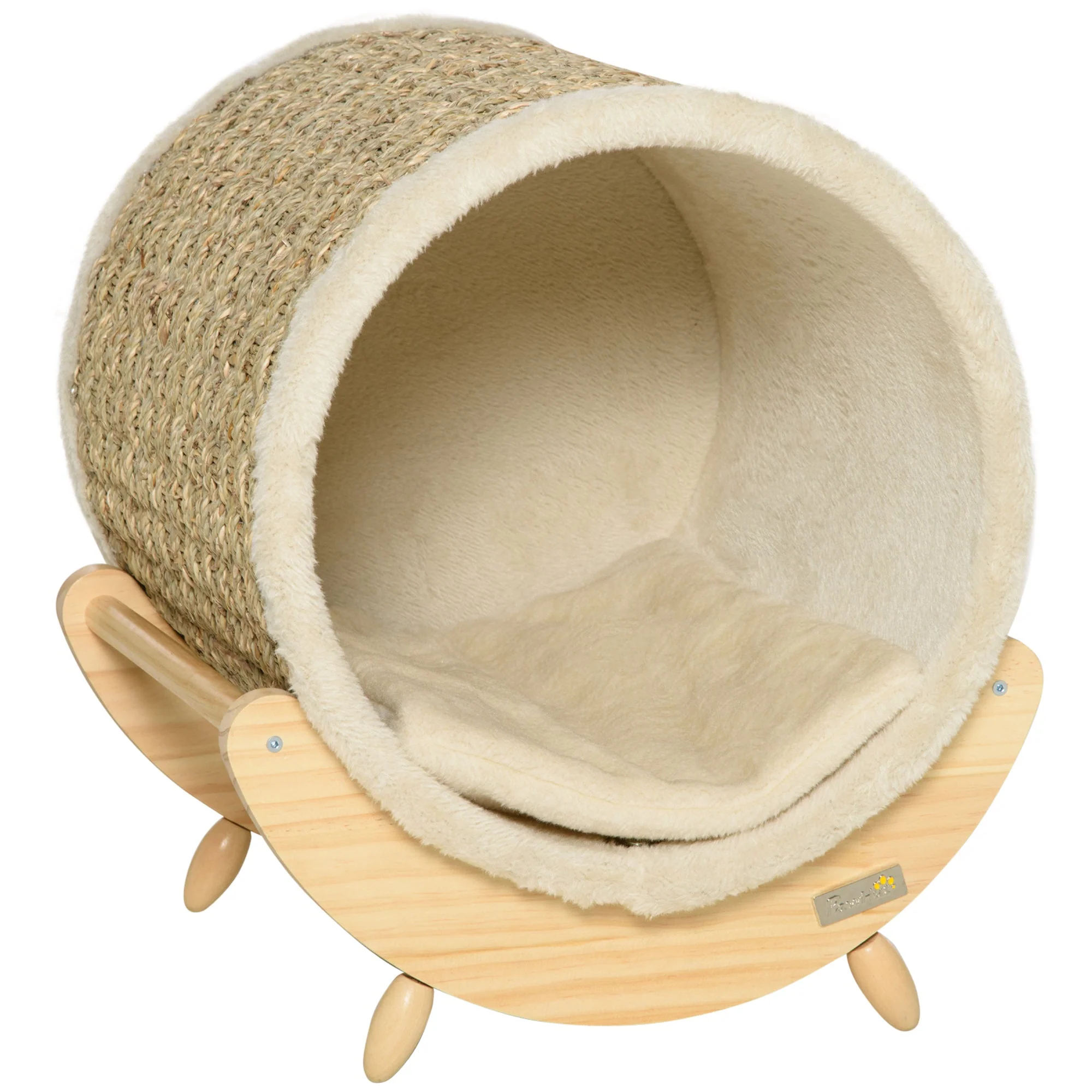PawHut Cat Cave with Shelf Bed Scratching Pad, Pinewood Flannel, Khaki Natural & Beige - Image 2