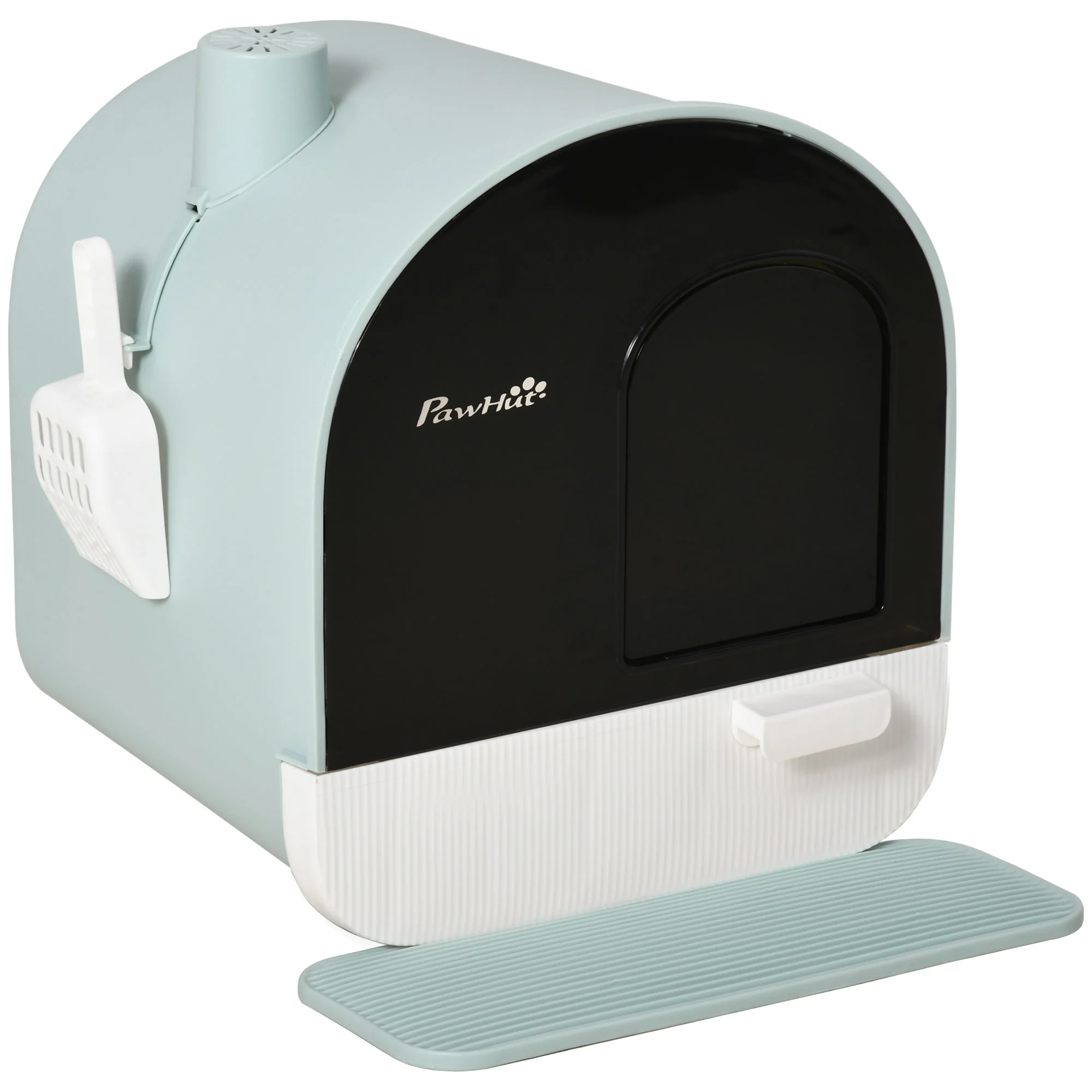 PawHut Cat Litter Box with Hood, Lid, Mat, Plastic Green - Image 2