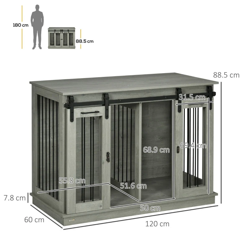 PawHut Dog Crate Furniture, Double Cage with Divider - Grey - Image 3