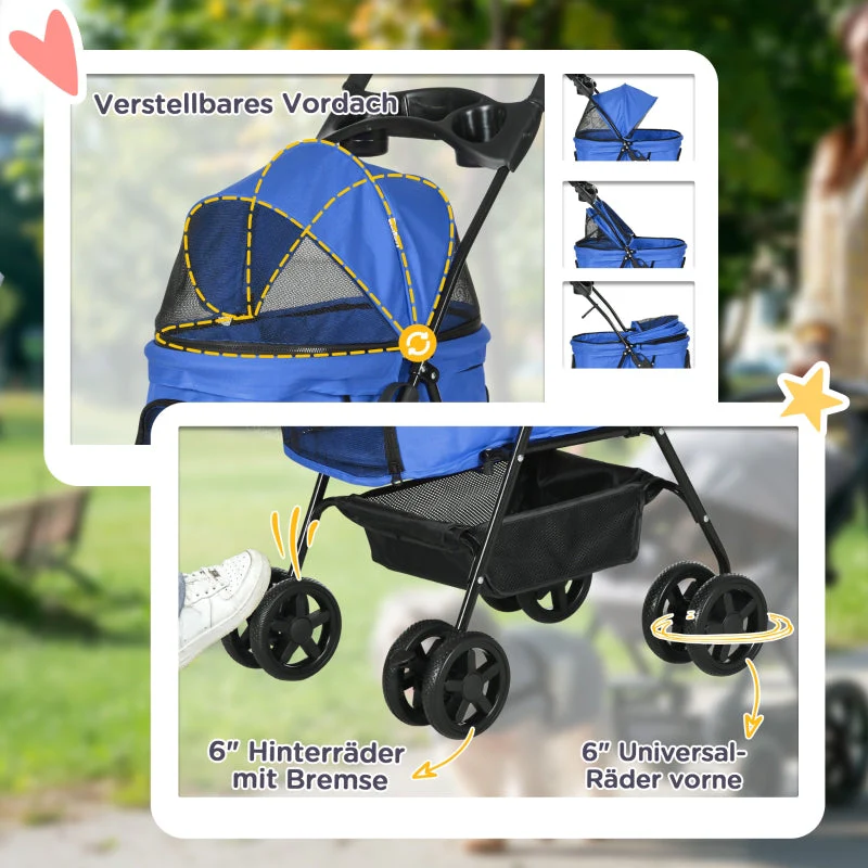 PawHut dog stroller with folding function, pet stroller for small dogs and cats, oxford blue - Image 6