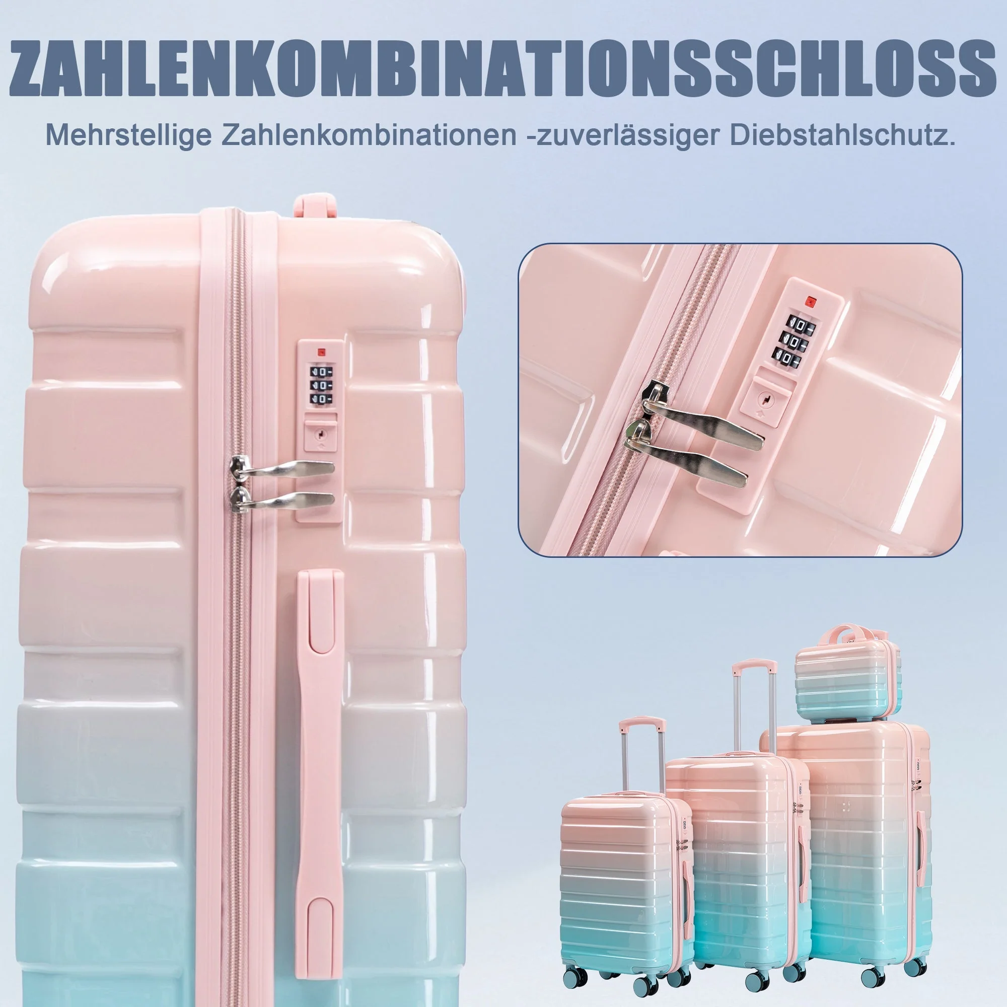 PC Spinner Luggage Set 4-Piece with Combination Lock and Cosmetic Bag - Pink - Image 9