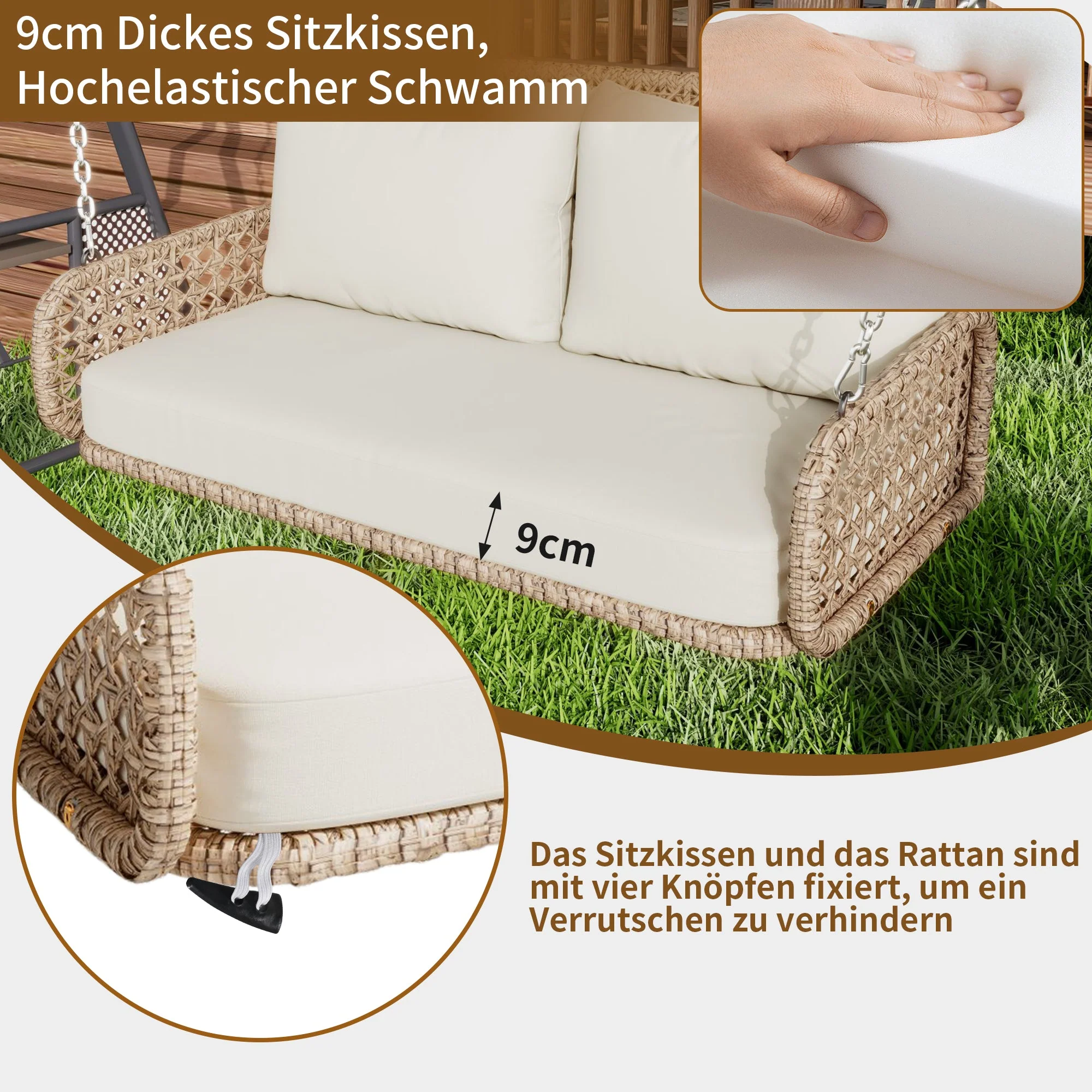 PE Rattan Double Swing Seat with Cushions and Chains, 320kg Capacity, Beige - Image 5