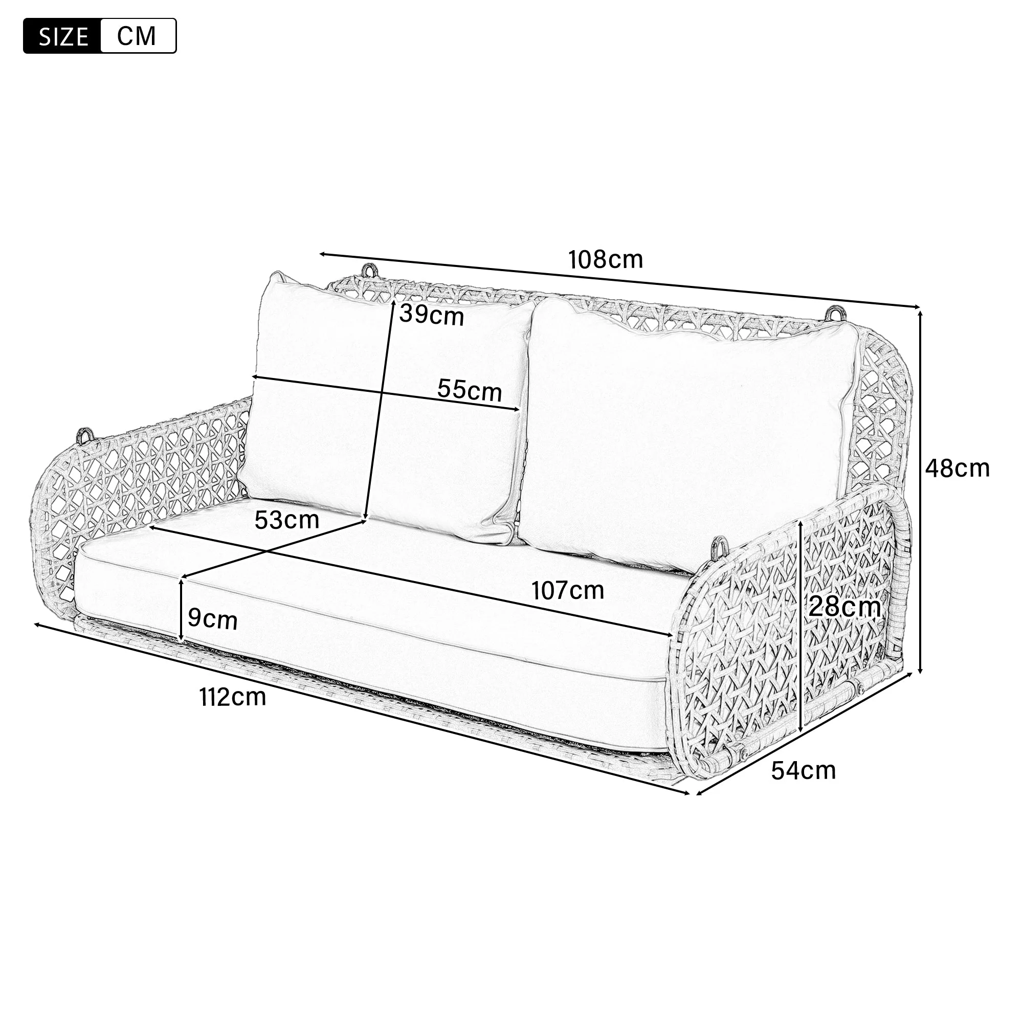 PE Rattan Double Swing Seat with Cushions and Chains, Grey - Image 7