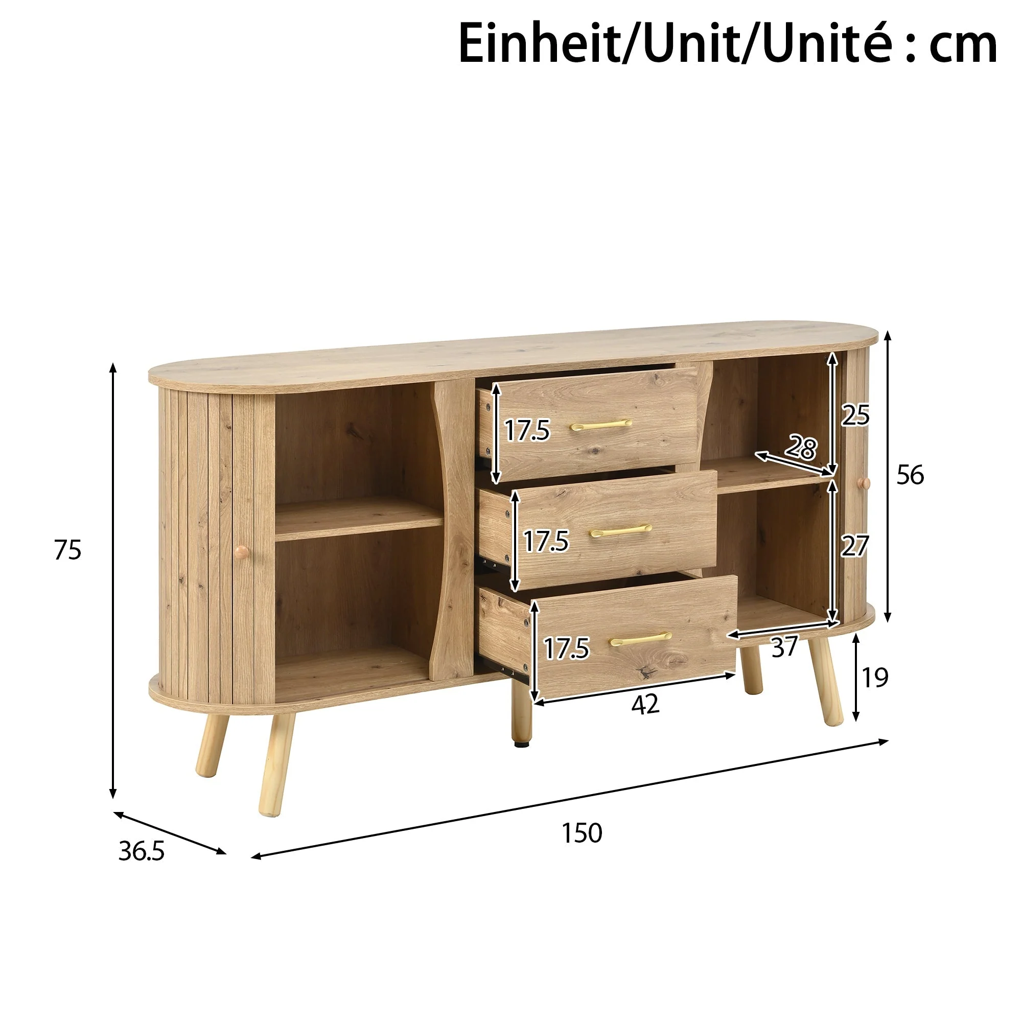 Pea-Shaped Sideboard with 2 Sliding Doors and 3 Drawers, Scandinavian Style with Solid Wood Legs, Wood Look MDF - Image 4