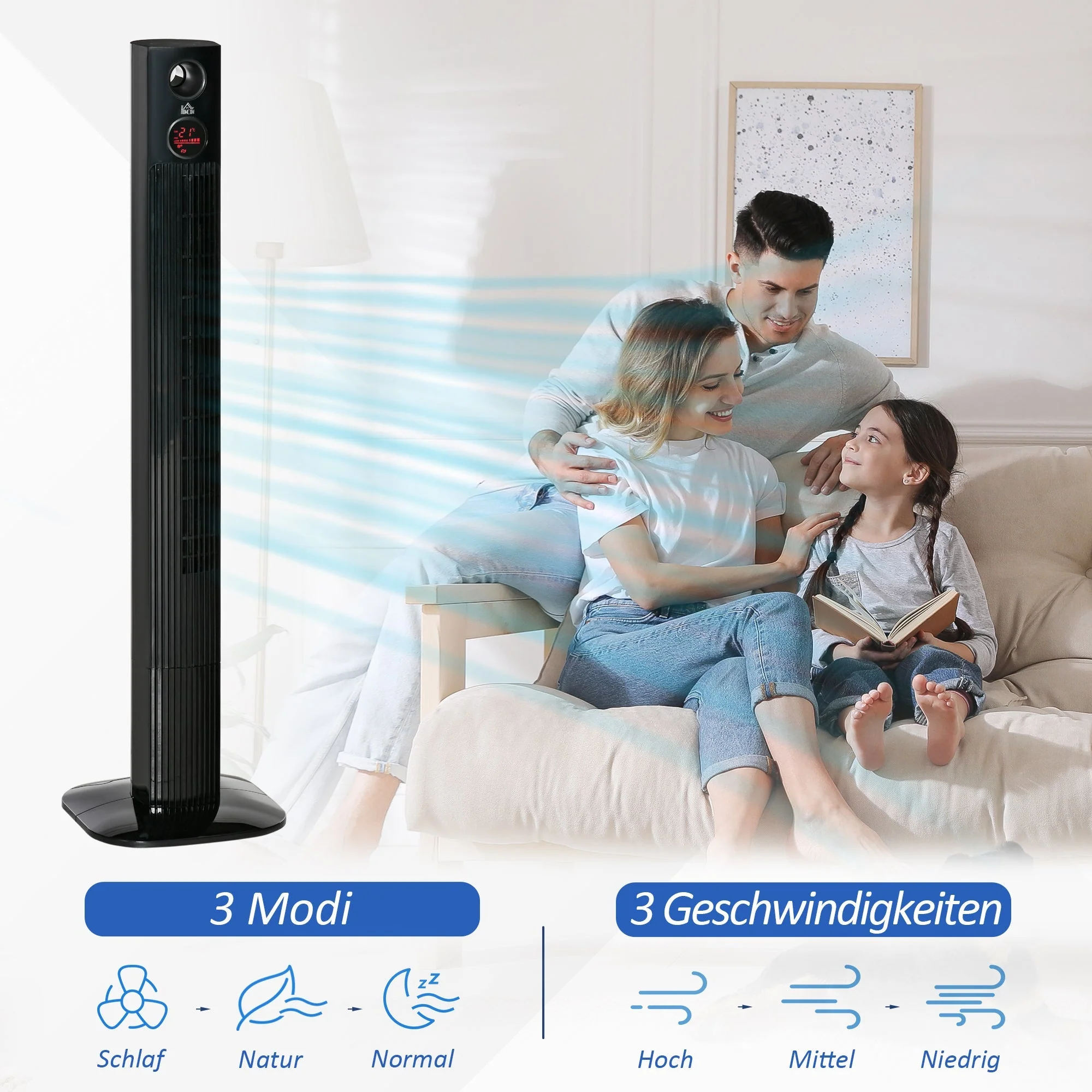 Pedestal fan with remote control, 45W, 12H timer, 70° oscillation, 3 ventilation levels, aroma diffuser, black - Image 4