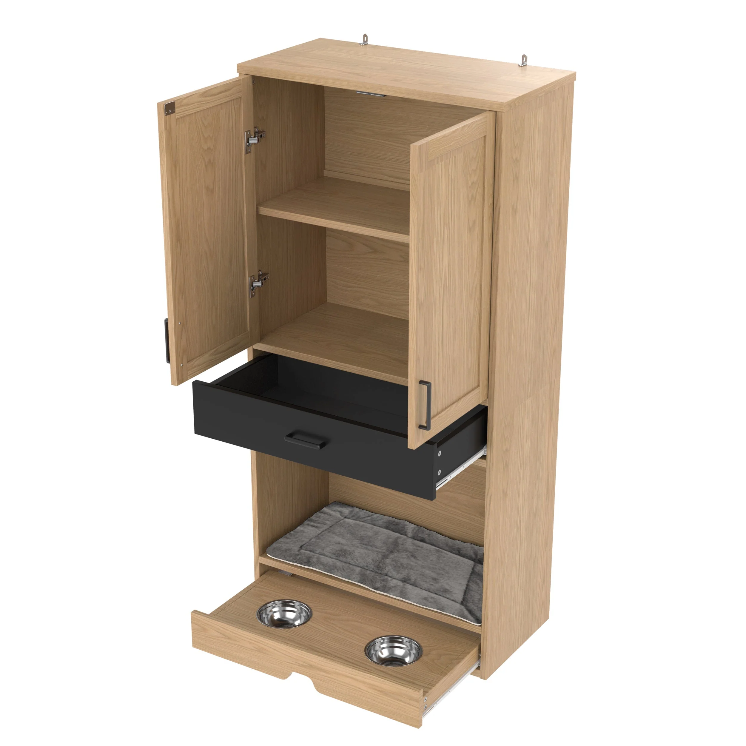 Pet Cabinet, Multifunctional with Feeding Station, Dog Bed, Storage, Hooks, Oak Look - Image 7