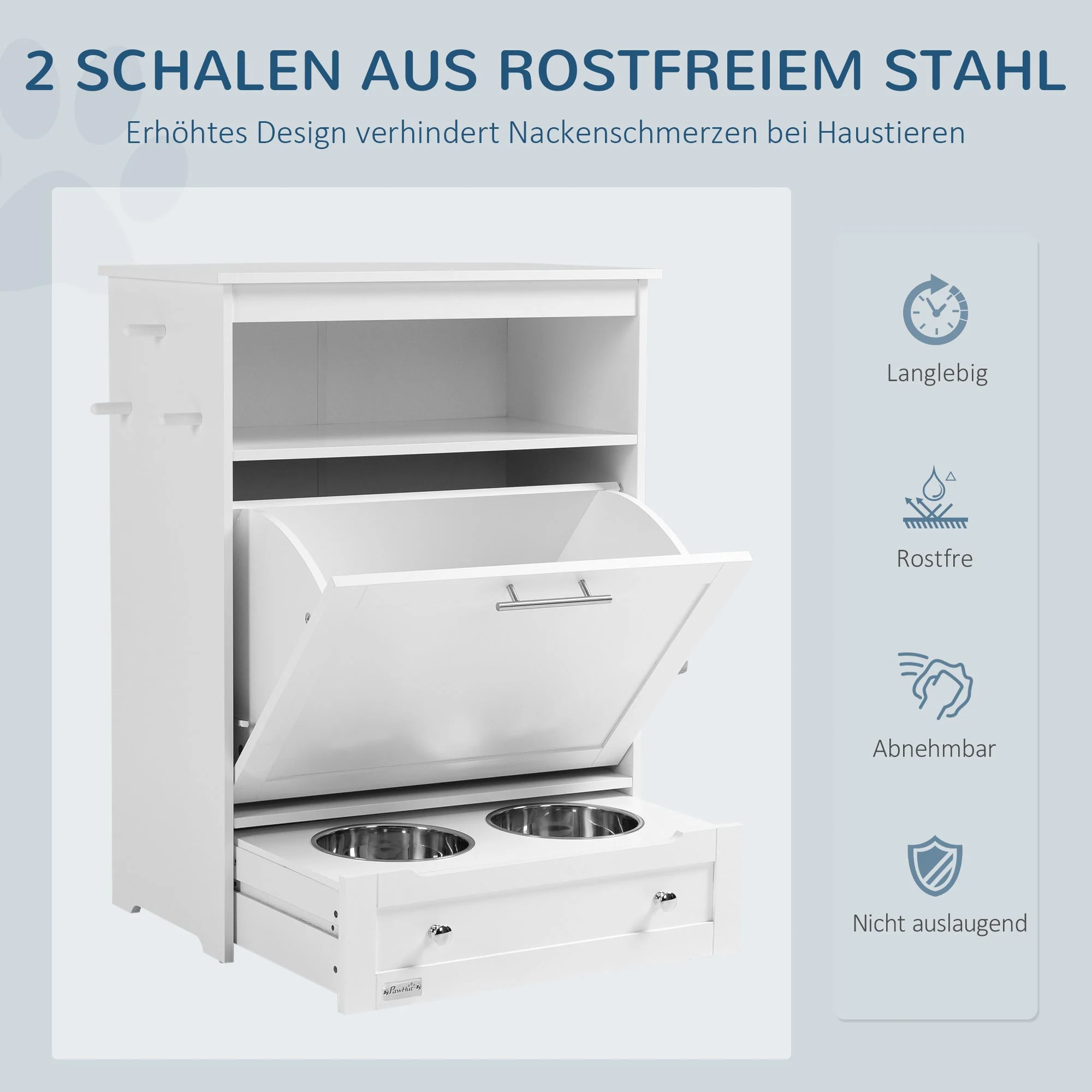 Pet Food Cabinet, 2 Stainless Steel Bowls Storage Tilting Door, White - Image 4