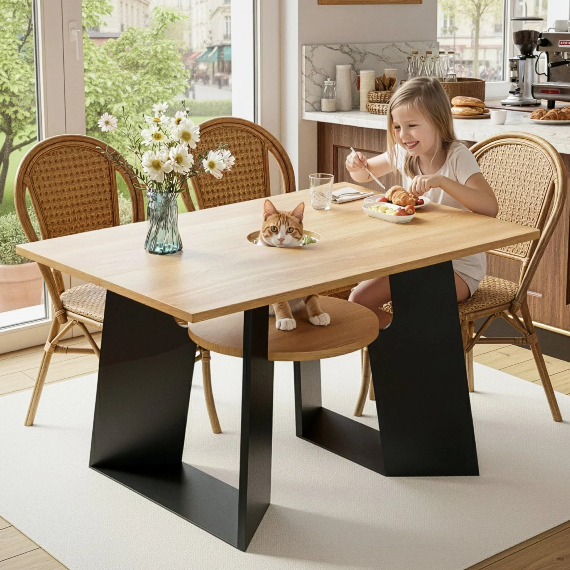 Pet-Friendly Dining Table 6 Seater Pet Area Shelf - Natural Wood/Black Mix - Image 4