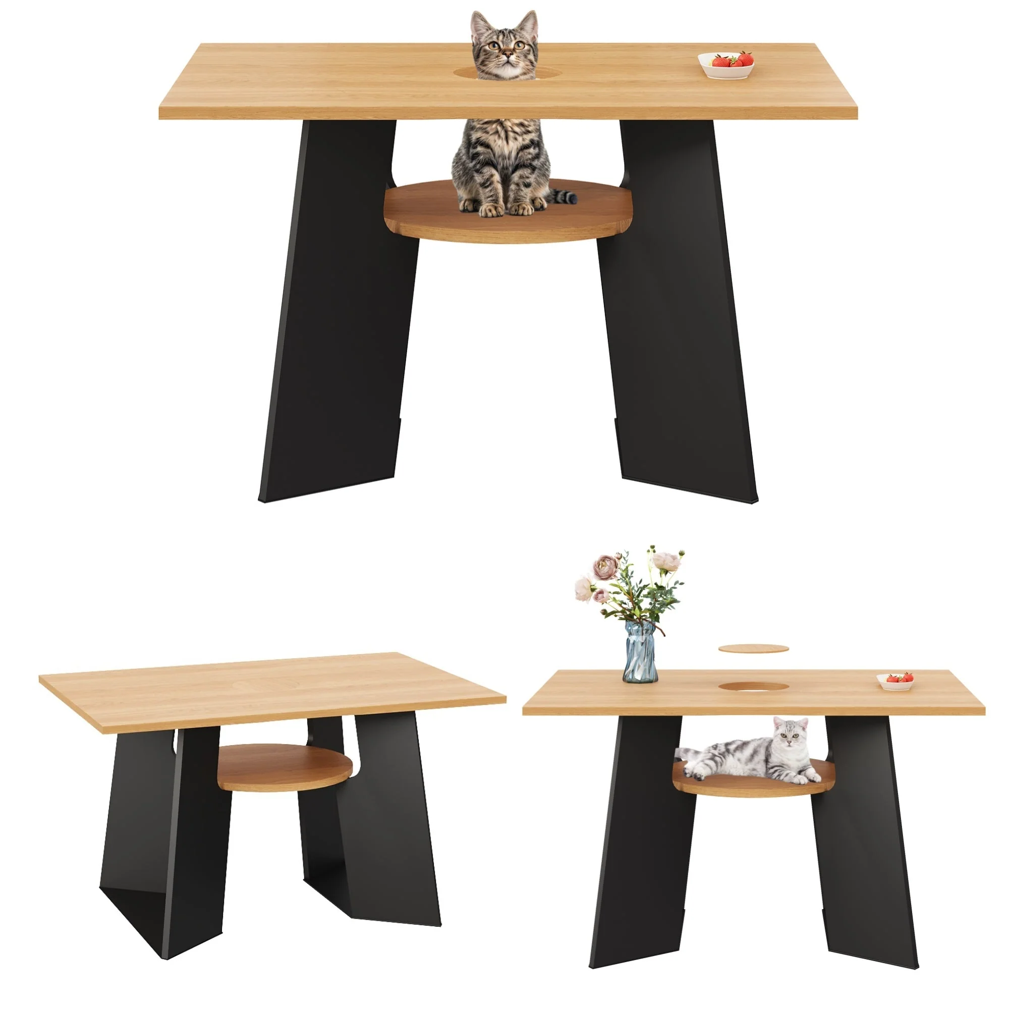 Pet-Friendly Dining Table 6 Seater Pet Area Shelf - Natural Wood/Black Mix - Image 8