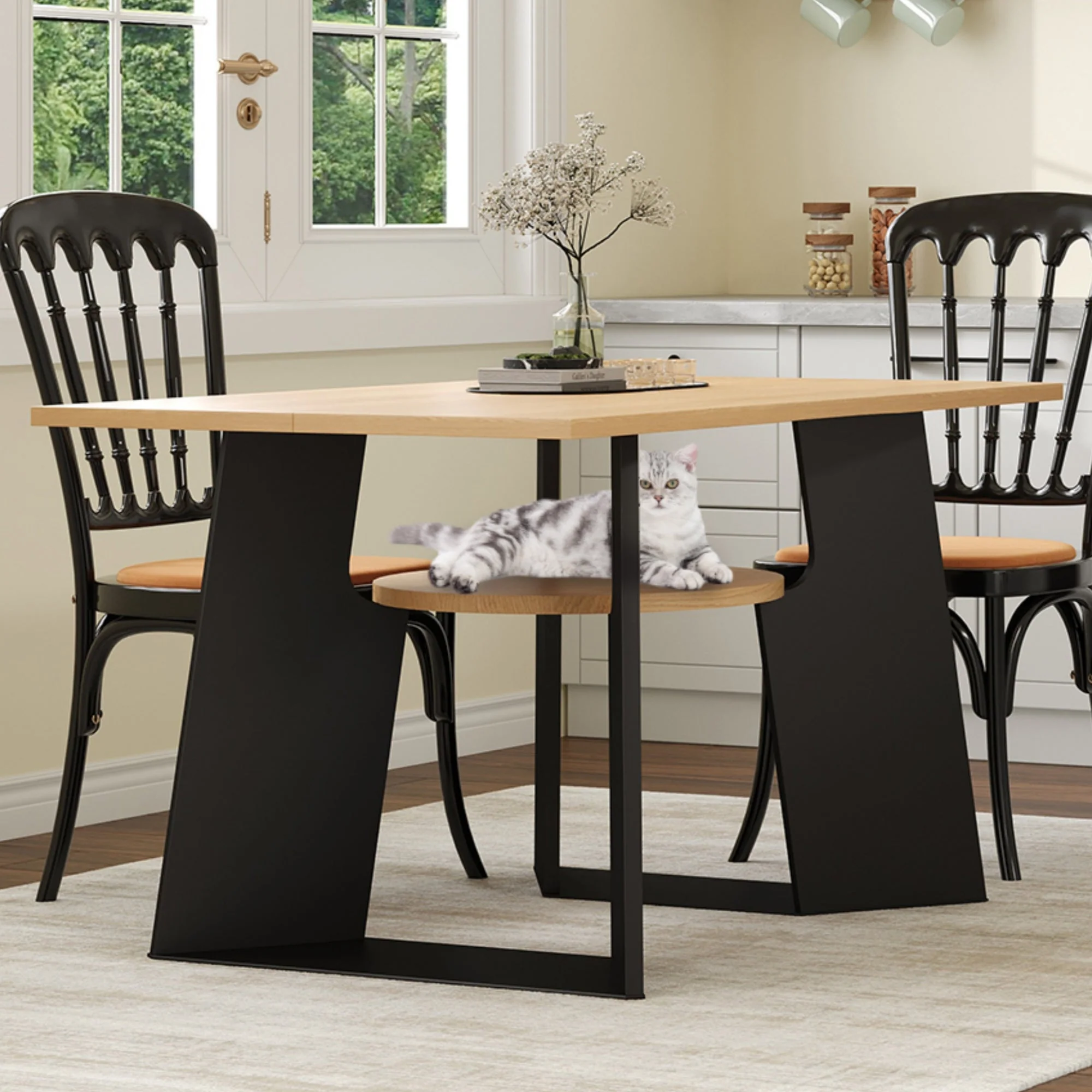 Pet-Friendly Dining Table 6 Seater Pet Area Shelf - Natural Wood/Black Mix - Image 9