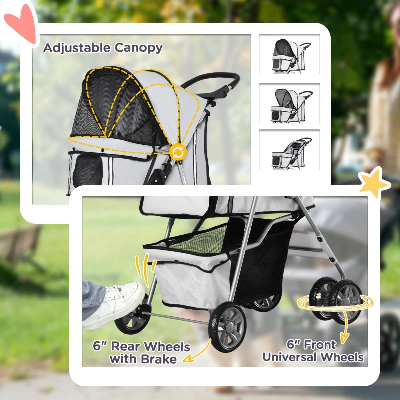Pet Stroller: Foldable Pushchair with Wheels, Zipper Entry, Cup Holder & Basket, Grey - Image 5