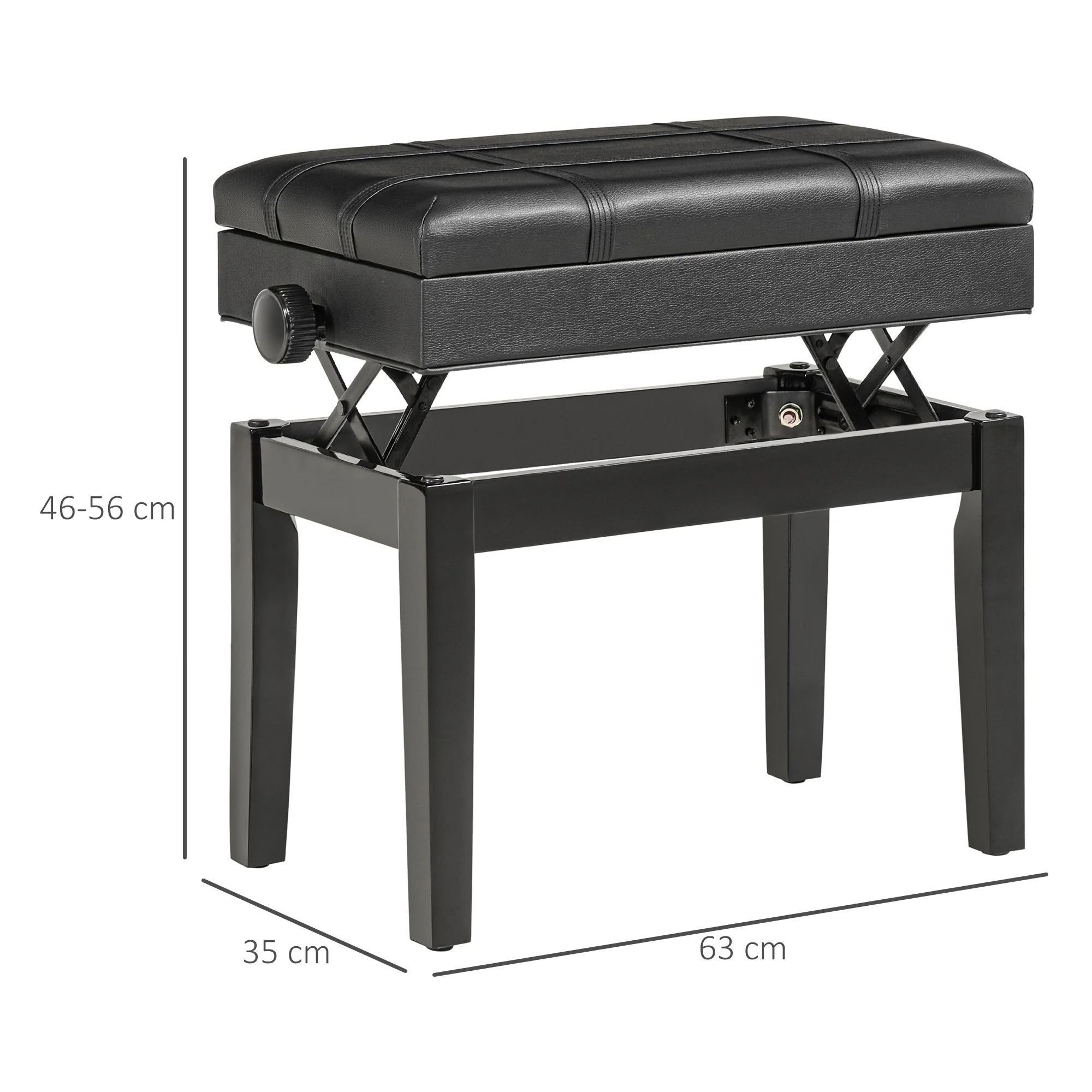 Piano Bench, Height-Adjustable with Storage, Leather Cushion, Black - Image 11