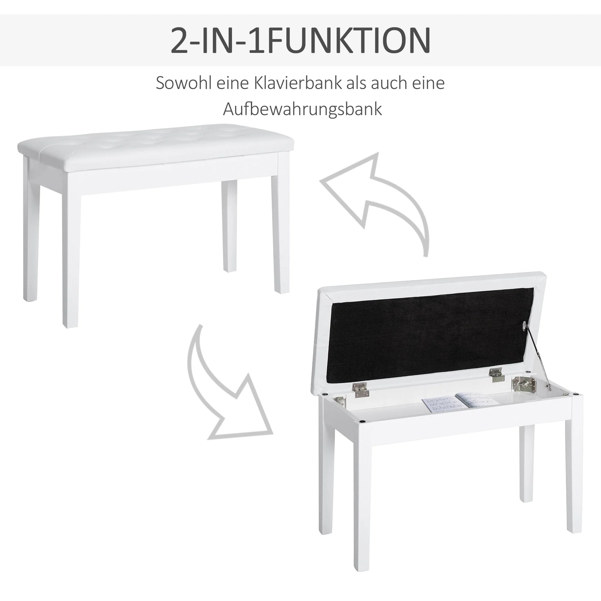 Piano Stool Bench with Storage Space, Rubber Wood & Faux Leather, White - Image 4