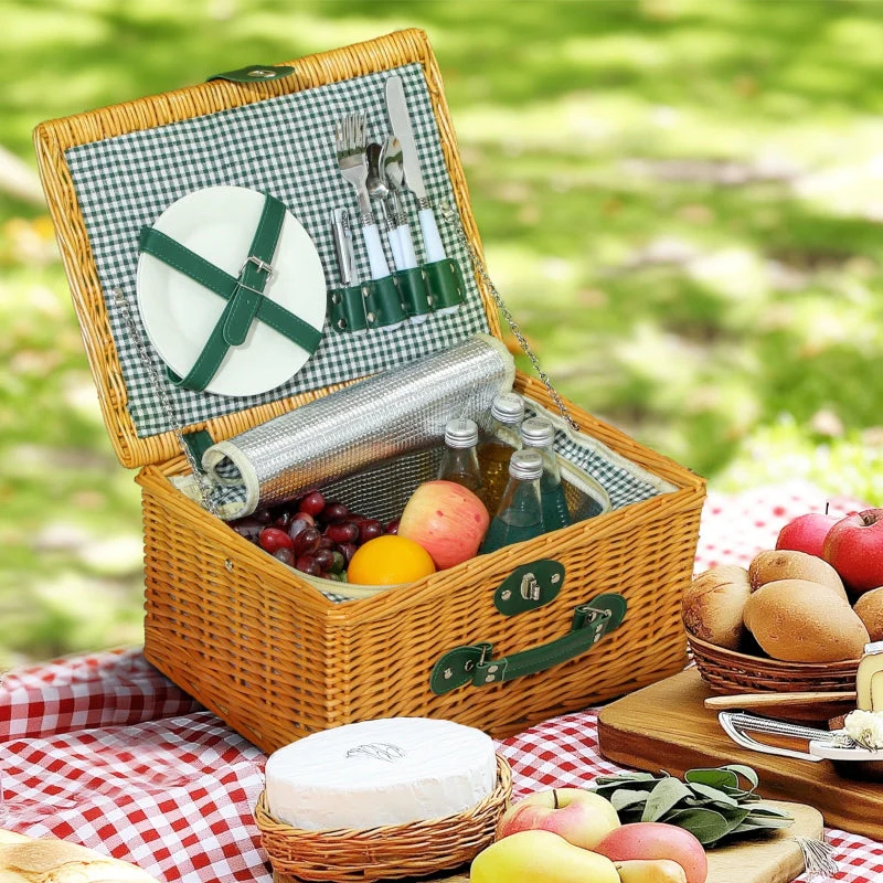Picnic Basket, Insulated Cooler Compartment, Cutlery Set, Wicker Light Brown