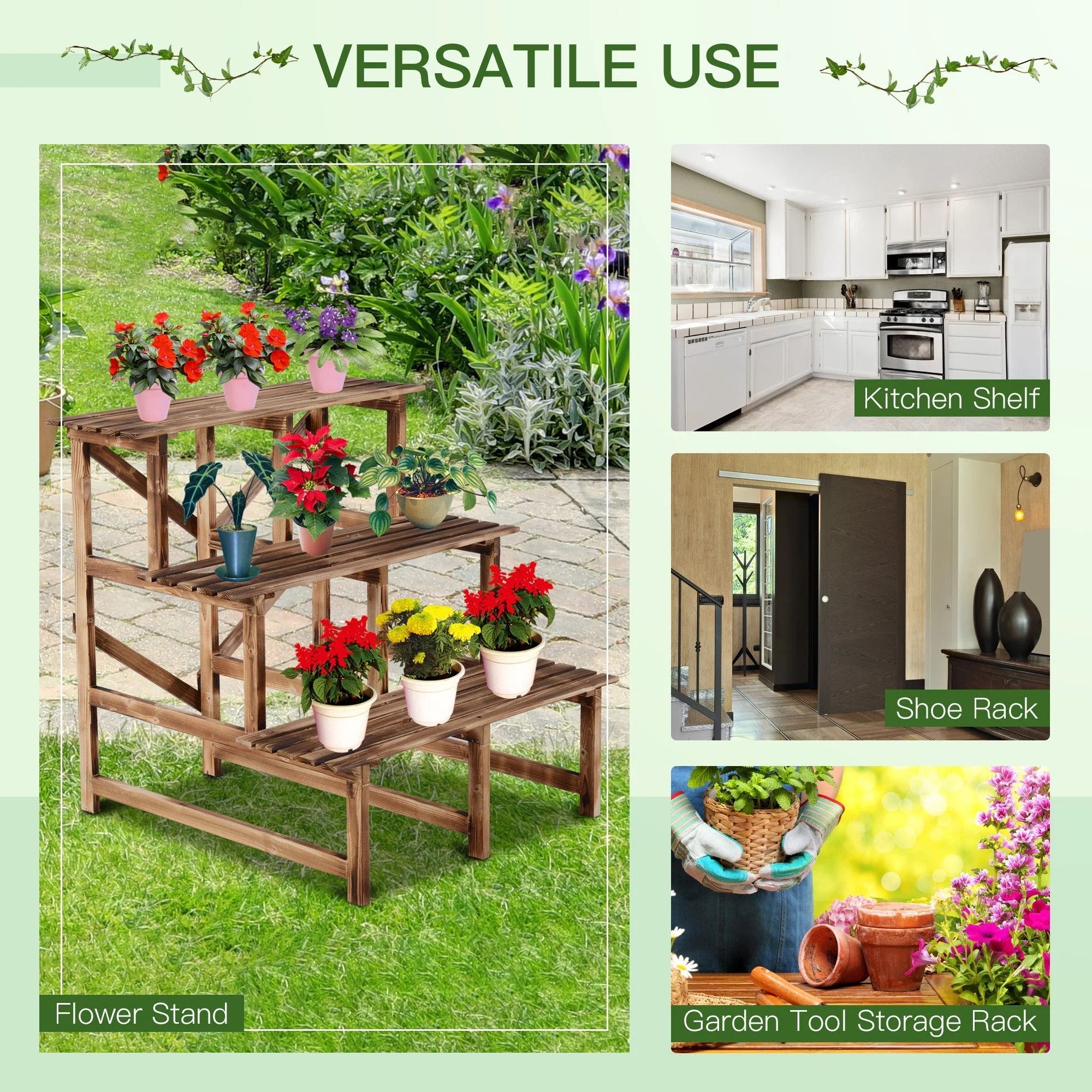 Plant Ladder Flower Shelf, 3 Steps, 80 x 80 x 78cm, Fir Wood - Image 4