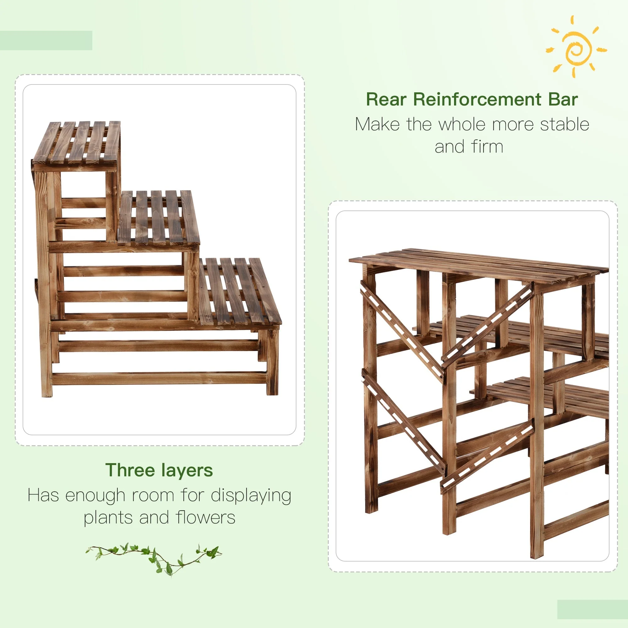 Plant Ladder Flower Shelf, 3 Steps, 80 x 80 x 78cm, Fir Wood - Image 6