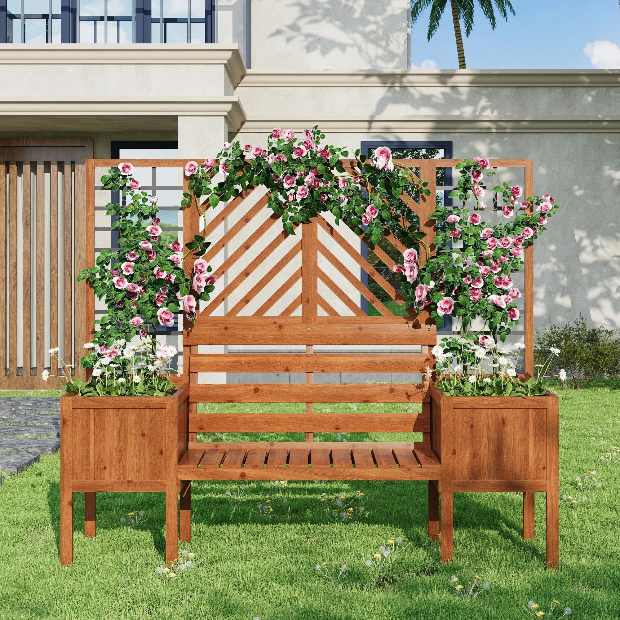 Plant pot, planter with trellis, flower box, brown solid fir wood - Image 5