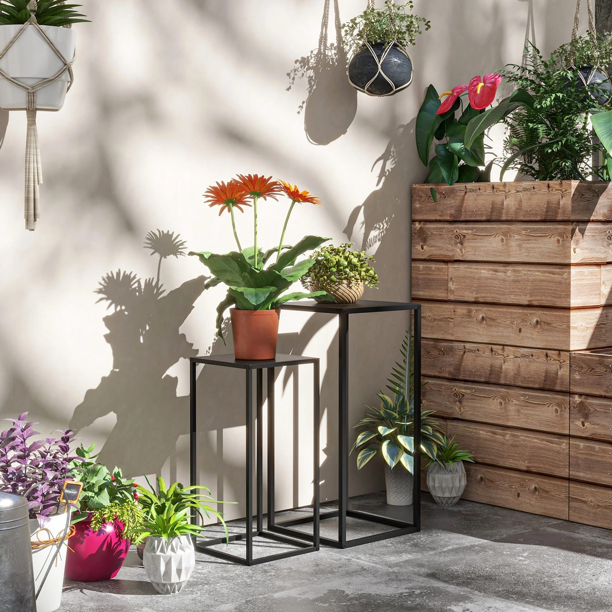 Plant Stands, 2-Piece Set Scandinavian Design Steel Legs, Black