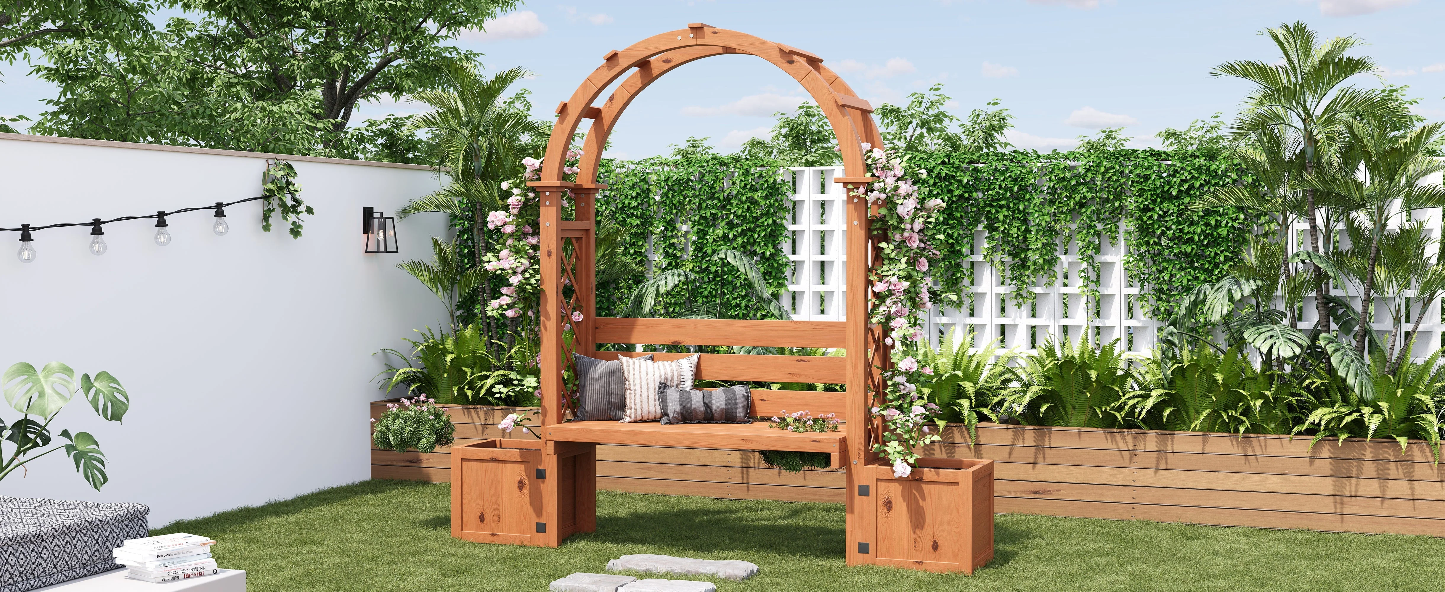Planter Box with Trellis and Bench for Garden and Yard, Natural Wood - Image 7