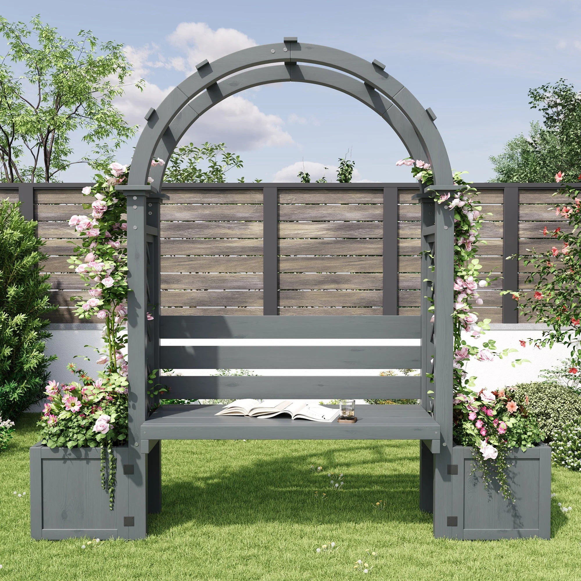 Planter with Trellis and Seating for Garden Yard and Patio, Wood - Image 5