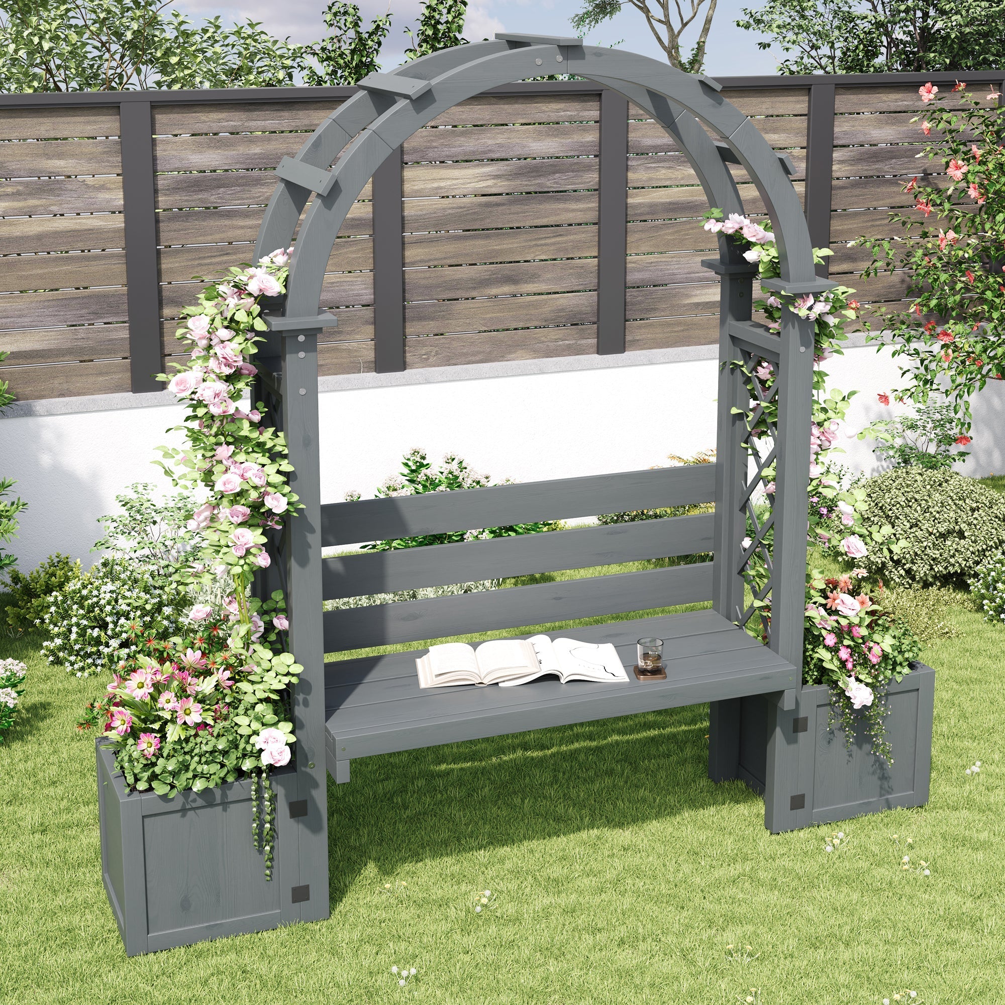 Planter with Trellis and Seating for Garden Yard and Patio, Wood - Image 6