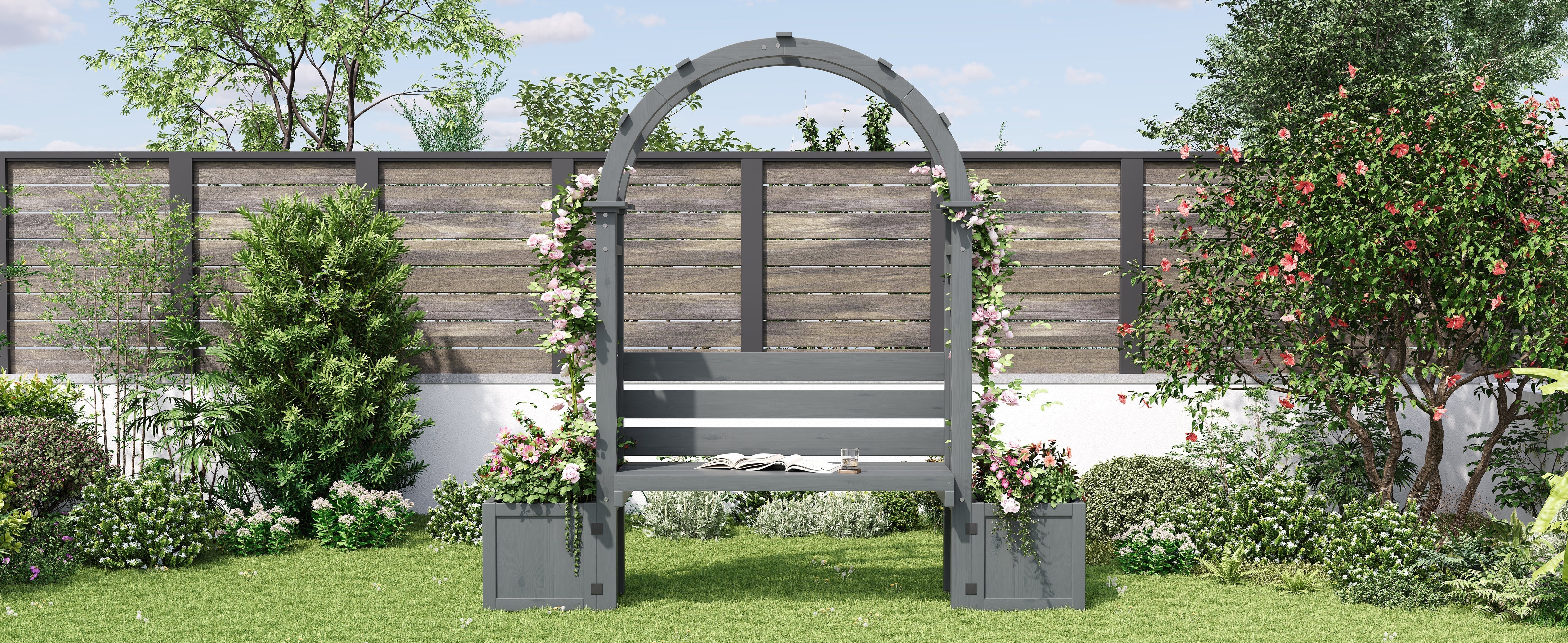 Planter with Trellis and Seating for Garden Yard and Patio, Wood - Image 8