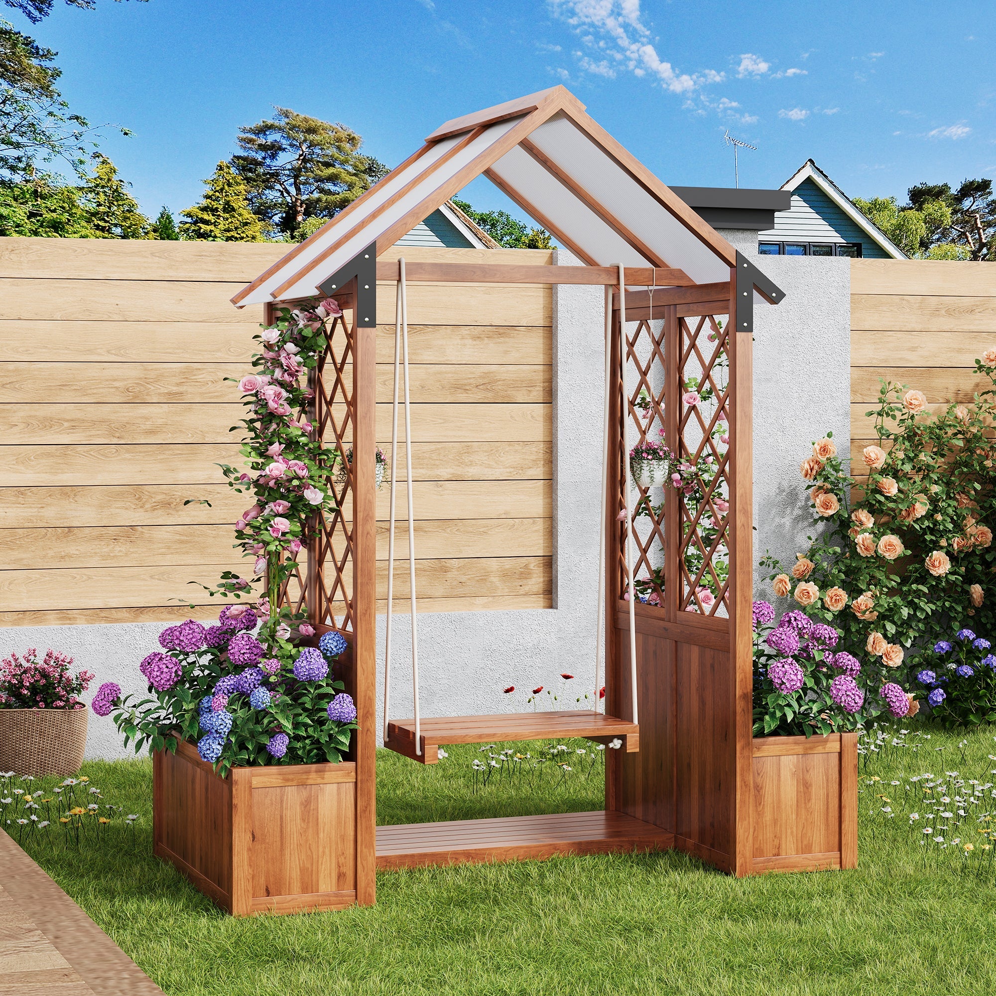Planter with Trellis and Sunroof, Brown Solid Wood - Image 2