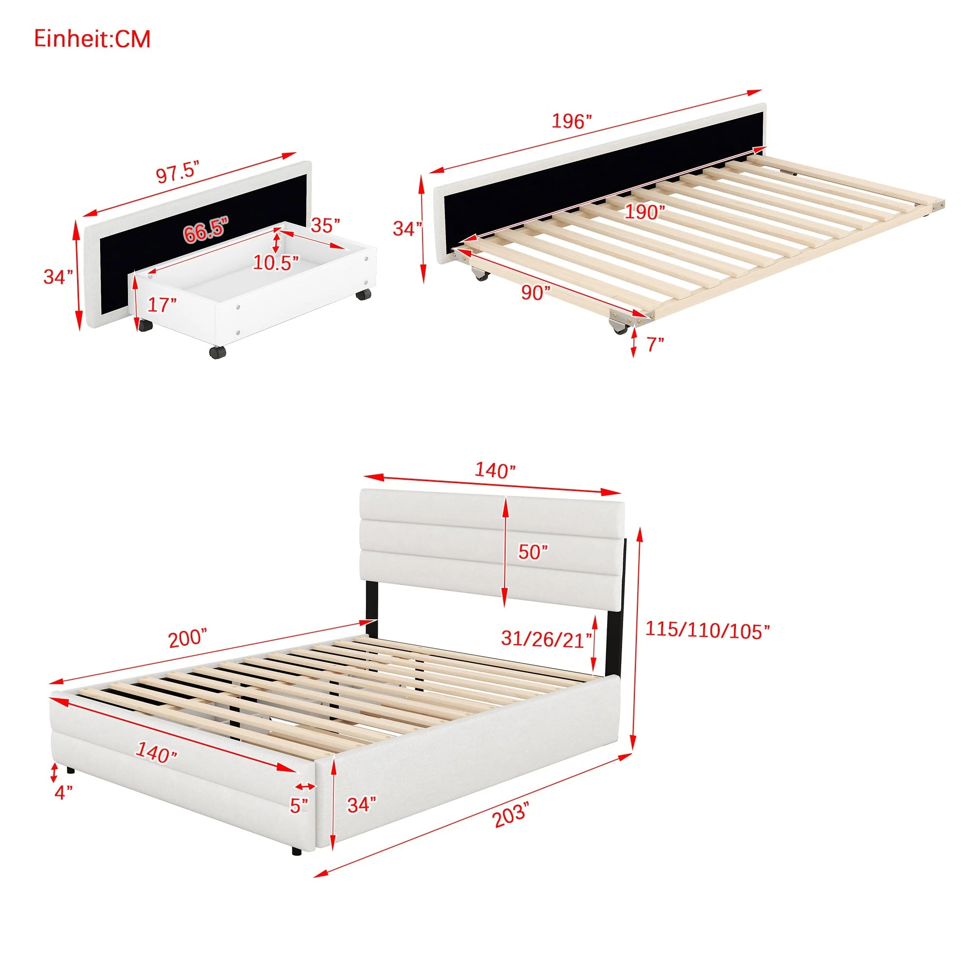 Platform Bed 140x200 with 2 Drawers - Beige - Image 6