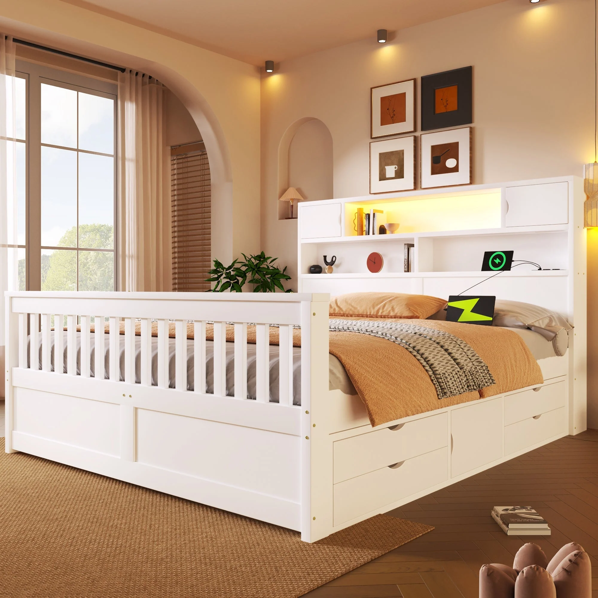 Platform Bed Frame with Storage Shelves, LED, USB and 4 Drawers, 160x200cm, White - Image 2