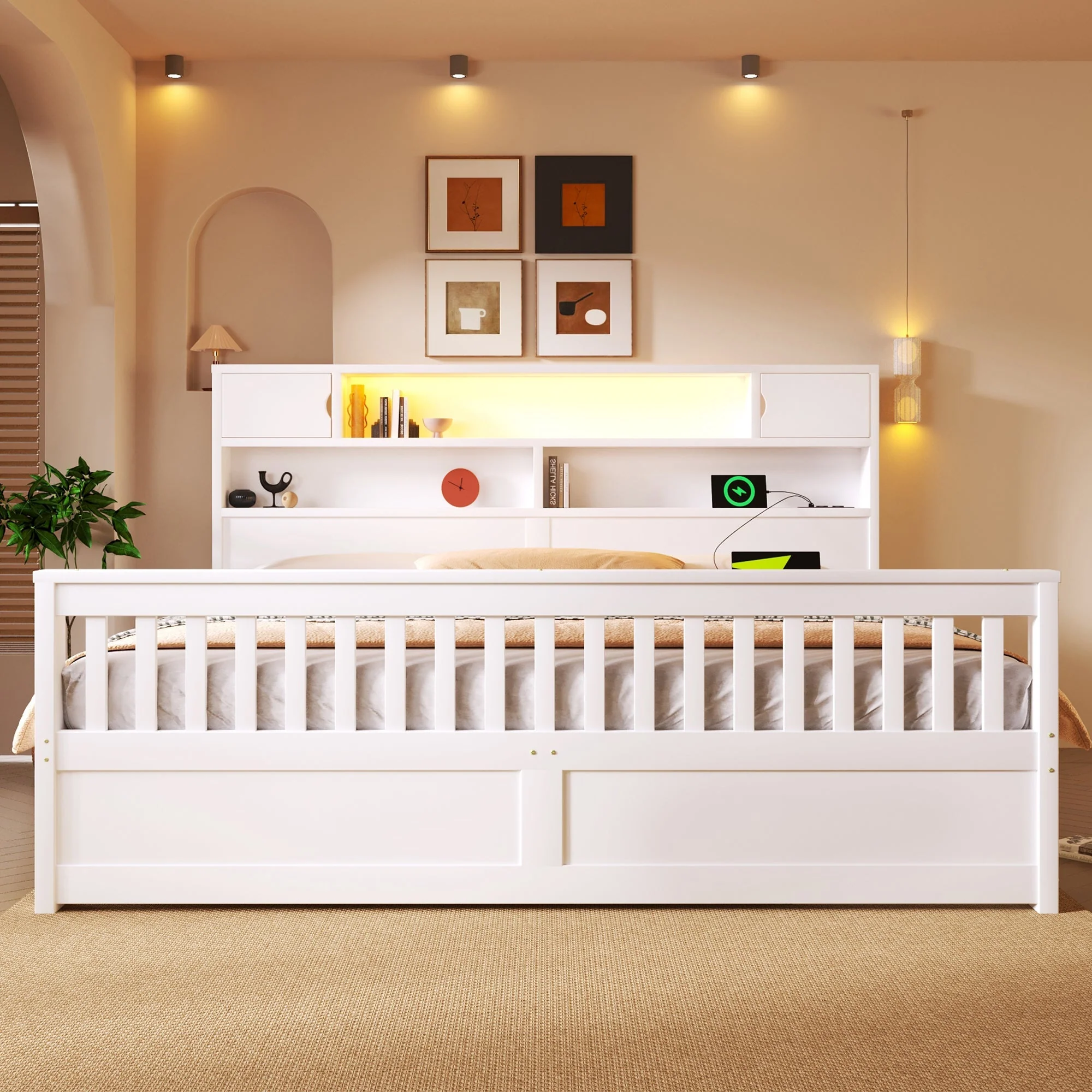 Platform Bed Frame with Storage Shelves, LED, USB and 4 Drawers, 180x200cm, White - Image 4