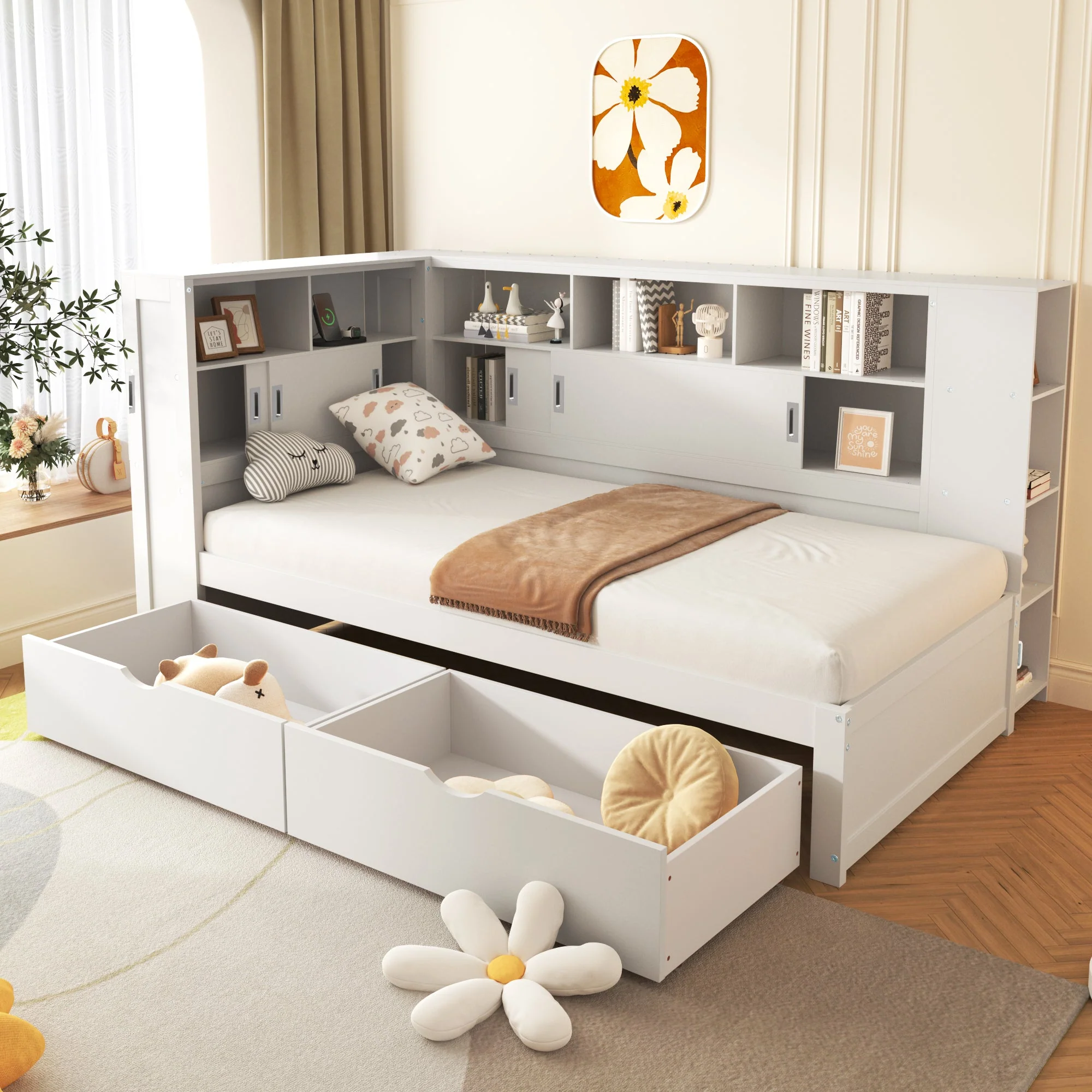 Platform Bed with Trundle, Bookcase & USB, Single 3ft, Storage Drawers and Shelves, White - Image 2