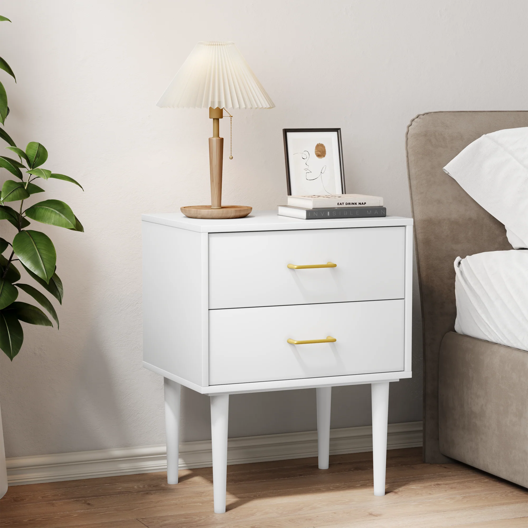 White bedside table with 2 drawers, bedroom nightstand, modern nightstand with wooden legs, 1 piece - Image 4