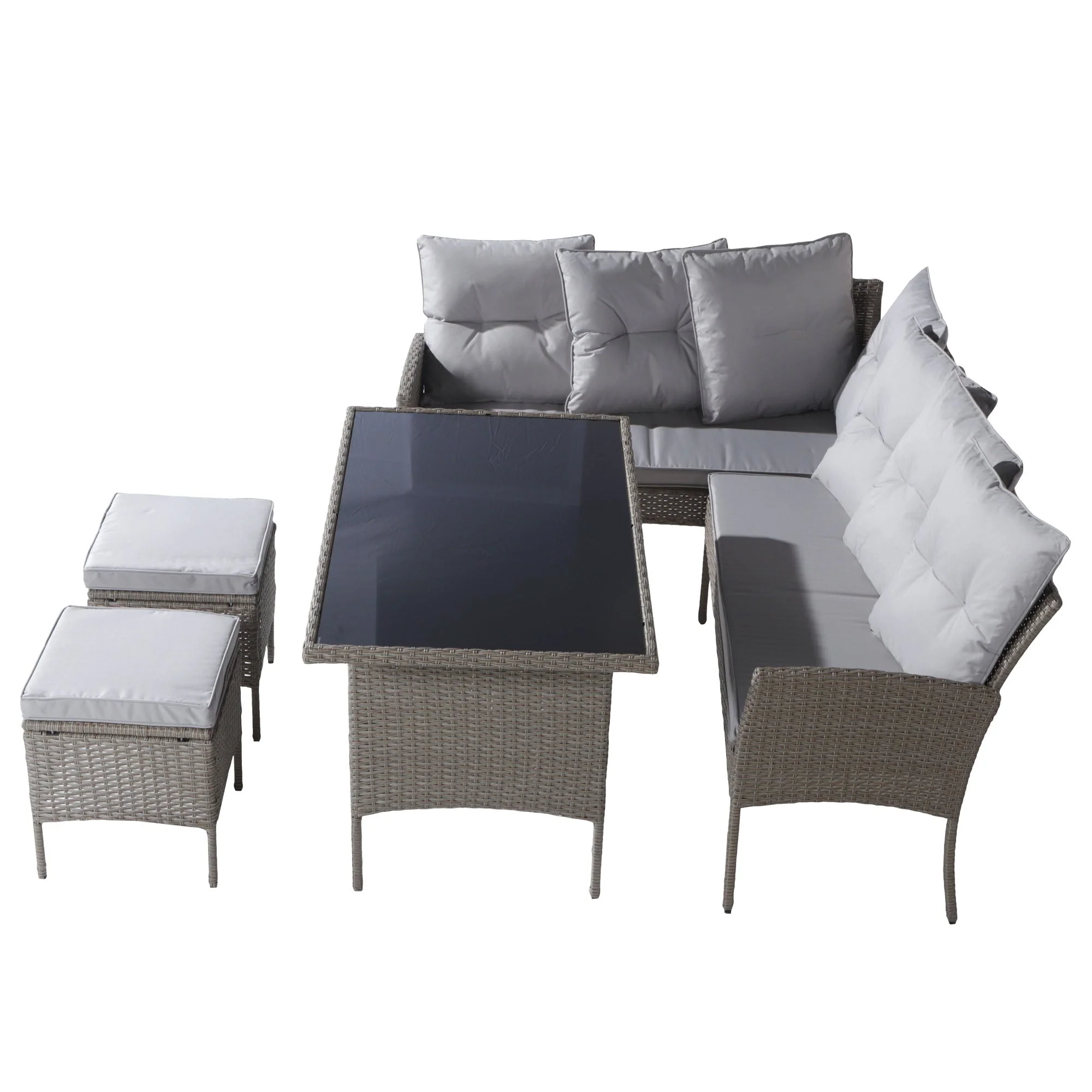 Poly Rattan Dining Set for 7 People with Sofa, Table and Stools, Khaki - Image 8