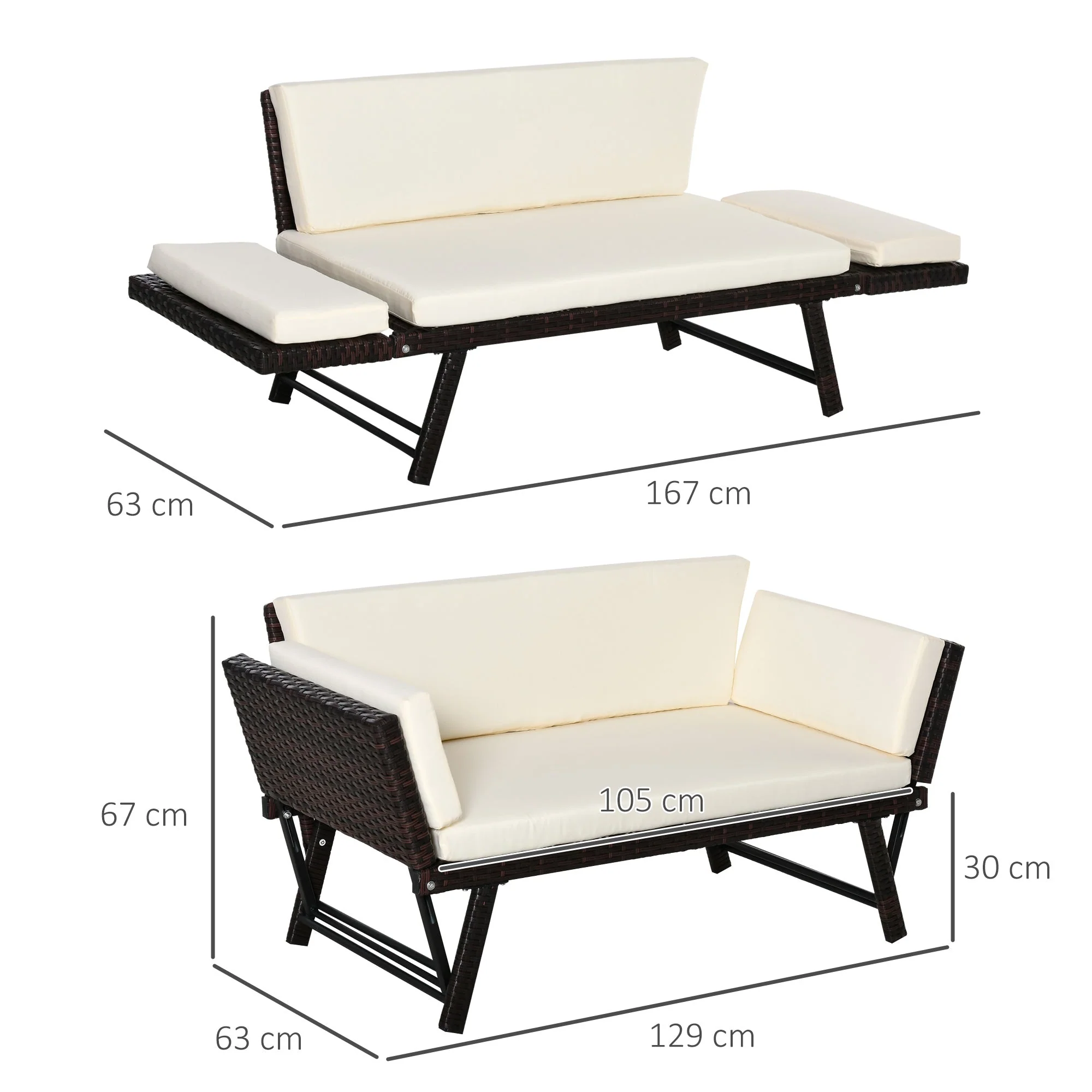 Polyrattan 2-Seater Folding Lounge Sofa with Armrests, Steel Brown - Image 3