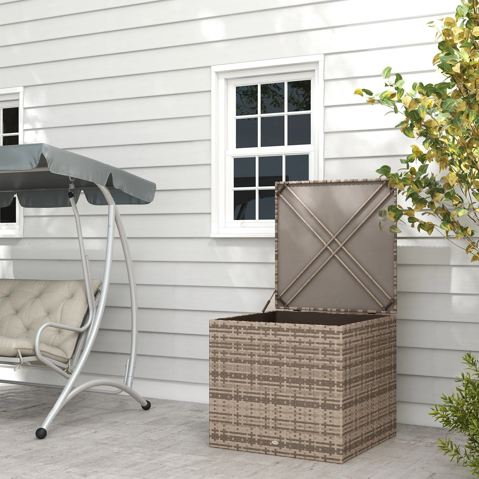 Polyrattan Cushion Box with Lid, Automatic Lifting, Weatherproof, 75x75x70 cm, Sand