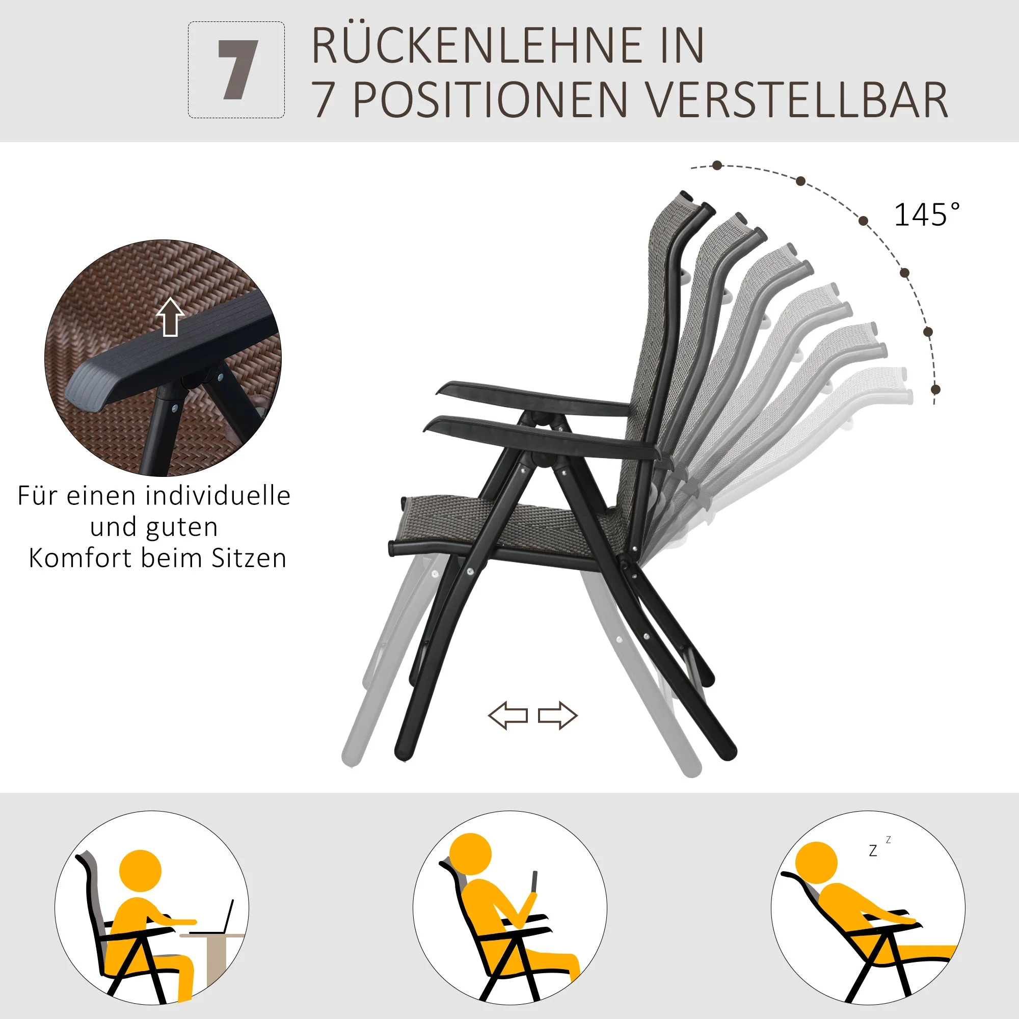 Polyrattan Folding Chair Adjustable Backrest Armrests Garden 7-Position - Image 5