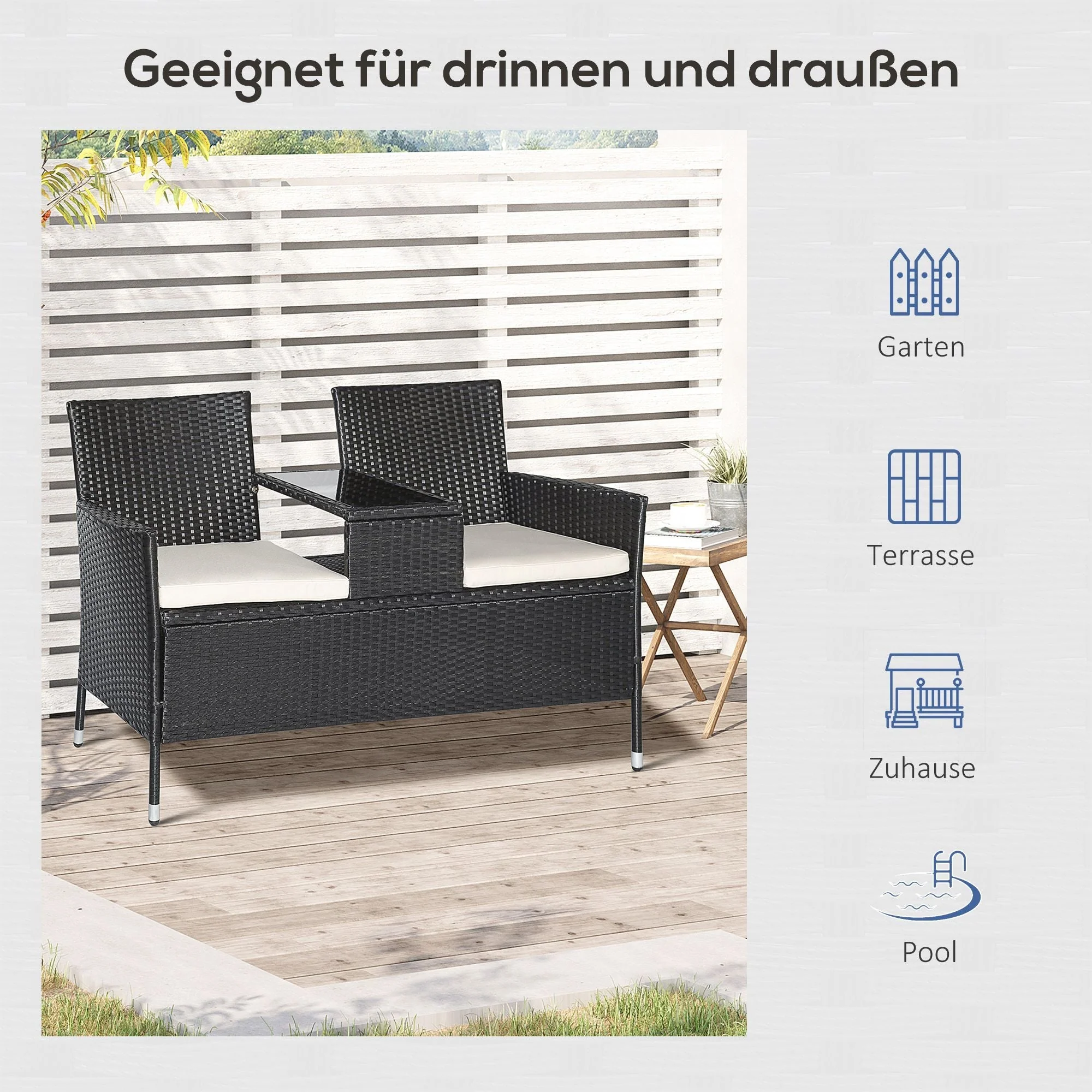 Polyrattan Garden Bench with Table, 2-Seater, Steel, Black - Image 6