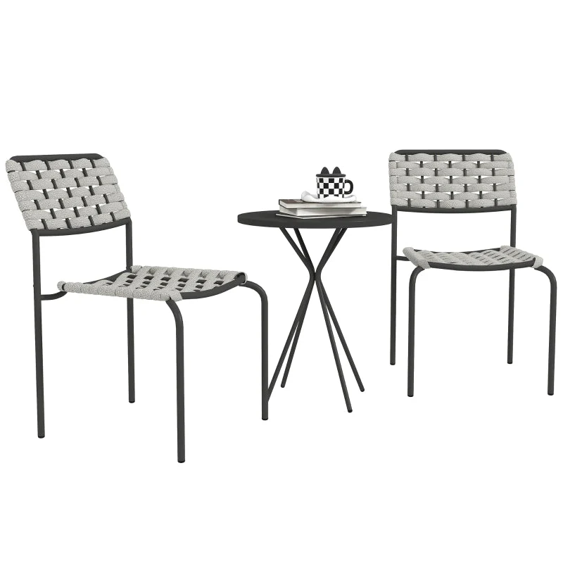 Polyrattan Garden Furniture Set, 2-Person 3-Piece Stackable Chairs & Table, Grey - Image 2