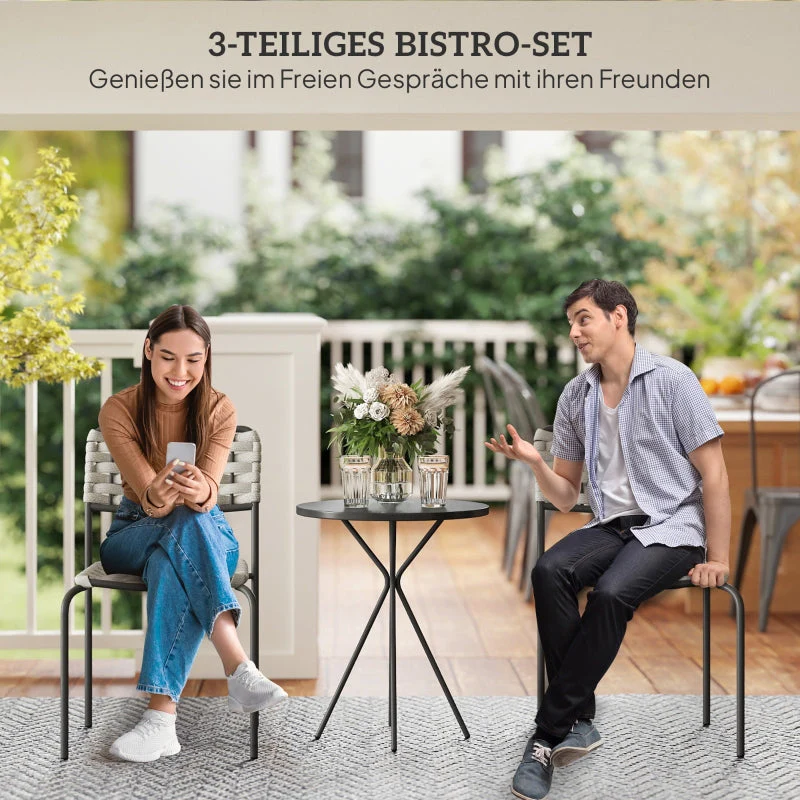 Polyrattan Garden Furniture Set, 2-Person 3-Piece Stackable Chairs & Table, Grey - Image 4