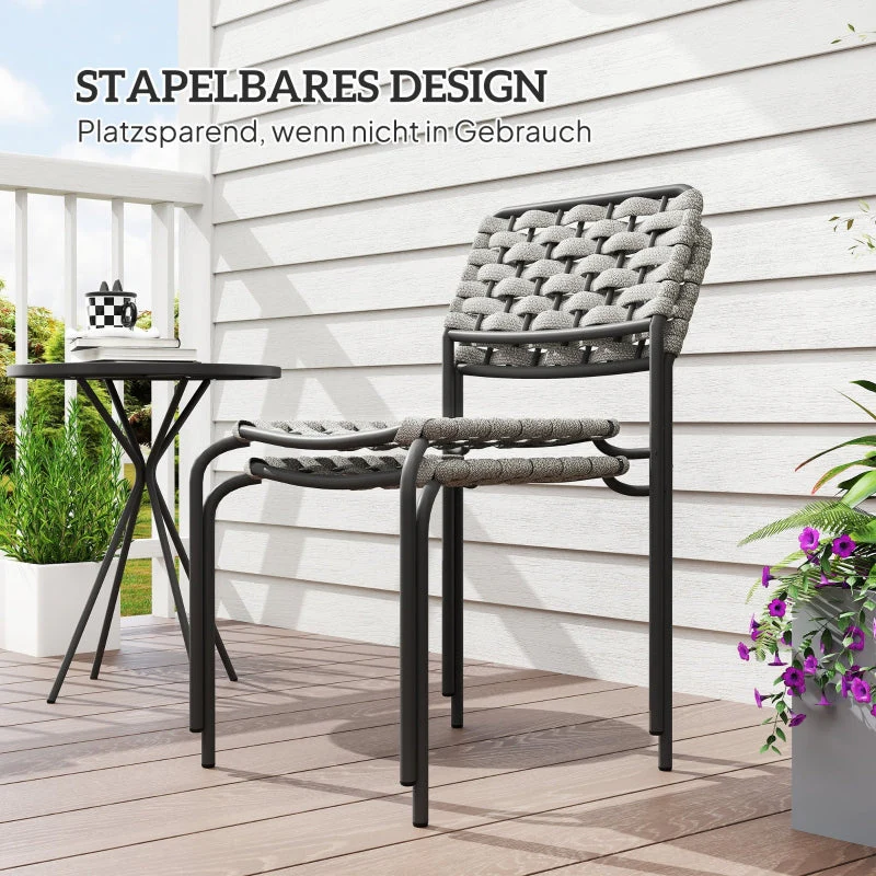 Polyrattan Garden Furniture Set, 2-Person 3-Piece Stackable Chairs & Table, Grey - Image 5