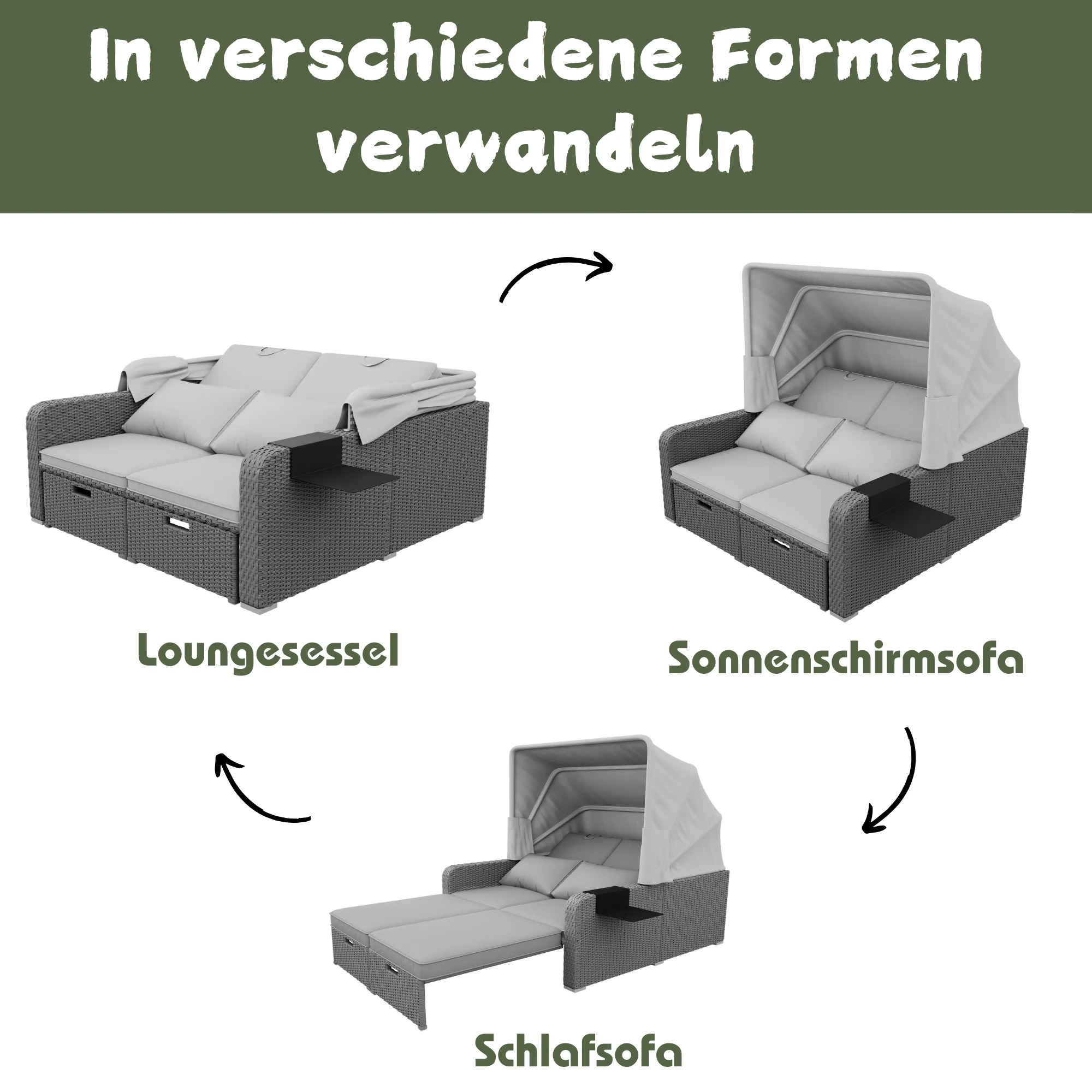 Polyrattan Garden Furniture Set for 2 People with Removable Awning, Grey - Image 10